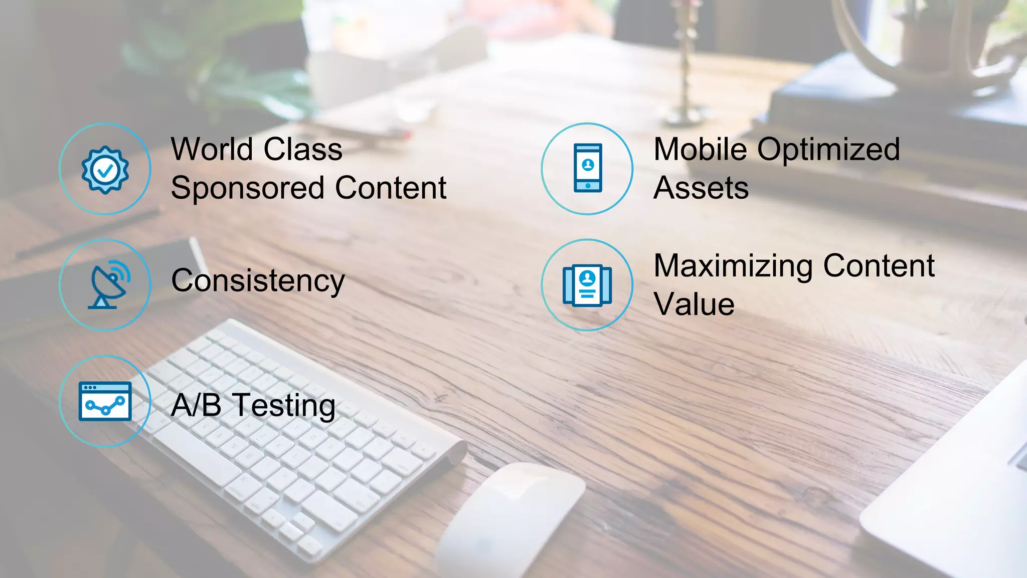 World Class
Sponsored Content
Consistency
A/B Testing
Mobile Optimized
Assets
Maximizing Content
Value
 