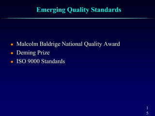 1
5
Emerging Quality Standards
 Malcolm Baldrige National Quality Award
 Deming Prize
 ISO 9000 Standards
 