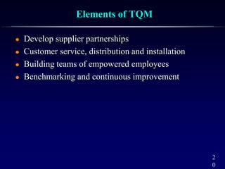 2
0
Elements of TQM
 Develop supplier partnerships
 Customer service, distribution and installation
 Building teams of empowered employees
 Benchmarking and continuous improvement
 