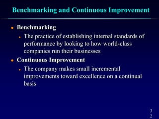 3
2
Benchmarking and Continuous Improvement
 Benchmarking
 The practice of establishing internal standards of
performance by looking to how world-class
companies run their businesses
 Continuous Improvement
 The company makes small incremental
improvements toward excellence on a continual
basis
 