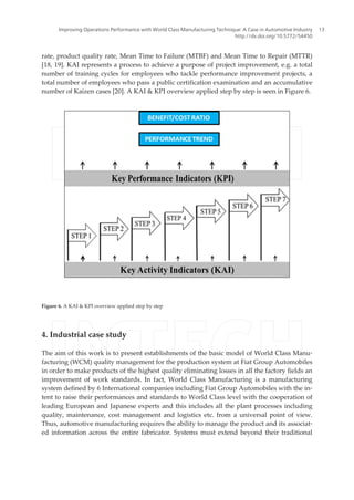 rate, product quality rate, Mean Time to Failure (MTBF) and Mean Time to Repair (MTTR)
[18, 19]. KAI represents a process to achieve a purpose of project improvement, e.g. a total
number of training cycles for employees who tackle performance improvement projects, a
total number of employees who pass a public certification examination and an accumulative
number of Kaizen cases [20]. A KAI & KPI overview applied step by step is seen in Figure 6.
Figure 6. A KAI & KPI overview applied step by step
4. Industrial case study
The aim of this work is to present establishments of the basic model of World Class Manu‐
facturing (WCM) quality management for the production system at Fiat Group Automobiles
in order to make products of the highest quality eliminating losses in all the factory fields an
improvement of work standards. In fact, World Class Manufacturing is a manufacturing
system defined by 6 International companies including Fiat Group Automobiles with the in‐
tent to raise their performances and standards to World Class level with the cooperation of
leading European and Japanese experts and this includes all the plant processes including
quality, maintenance, cost management and logistics etc. from a universal point of view.
Thus, automotive manufacturing requires the ability to manage the product and its associat‐
ed information across the entire fabricator. Systems must extend beyond their traditional
Improving Operations Performance with World Class Manufacturing Technique: A Case in Automotive Industry
http://dx.doi.org/10.5772/54450
13
 