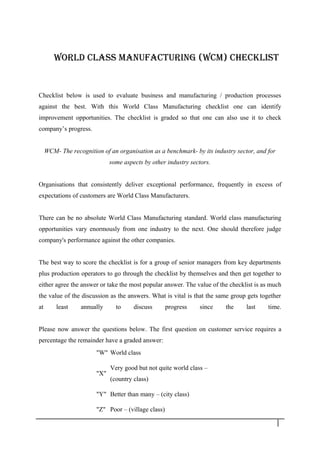 WoRlD ClASS MANUFACTURING (WCM) ChECklIST
Checklist below is used to evaluate business and manufacturing / production processes
against the best. With this World Class Manufacturing checklist one can identify
improvement opportunities. The checklist is graded so that one can also use it to check
company’s progress.
WCM- The recognition of an organisation as a benchmark- by its industry sector, and for
some aspects by other industry sectors.
Organisations that consistently deliver exceptional performance, frequently in excess of
expectations of customers are World Class Manufacturers.
There can be no absolute World Class Manufacturing standard. World class manufacturing
opportunities vary enormously from one industry to the next. One should therefore judge
company's performance against the other companies.
The best way to score the checklist is for a group of senior managers from key departments
plus production operators to go through the checklist by themselves and then get together to
either agree the answer or take the most popular answer. The value of the checklist is as much
the value of the discussion as the answers. What is vital is that the same group gets together
at least annually to discuss progress since the last time.
Please now answer the questions below. The first question on customer service requires a
percentage the remainder have a graded answer:
"W" World class
"X"
Very good but not quite world class –
(country class)
"Y" Better than many – (city class)
"Z" Poor – (village class)
2 6
 
