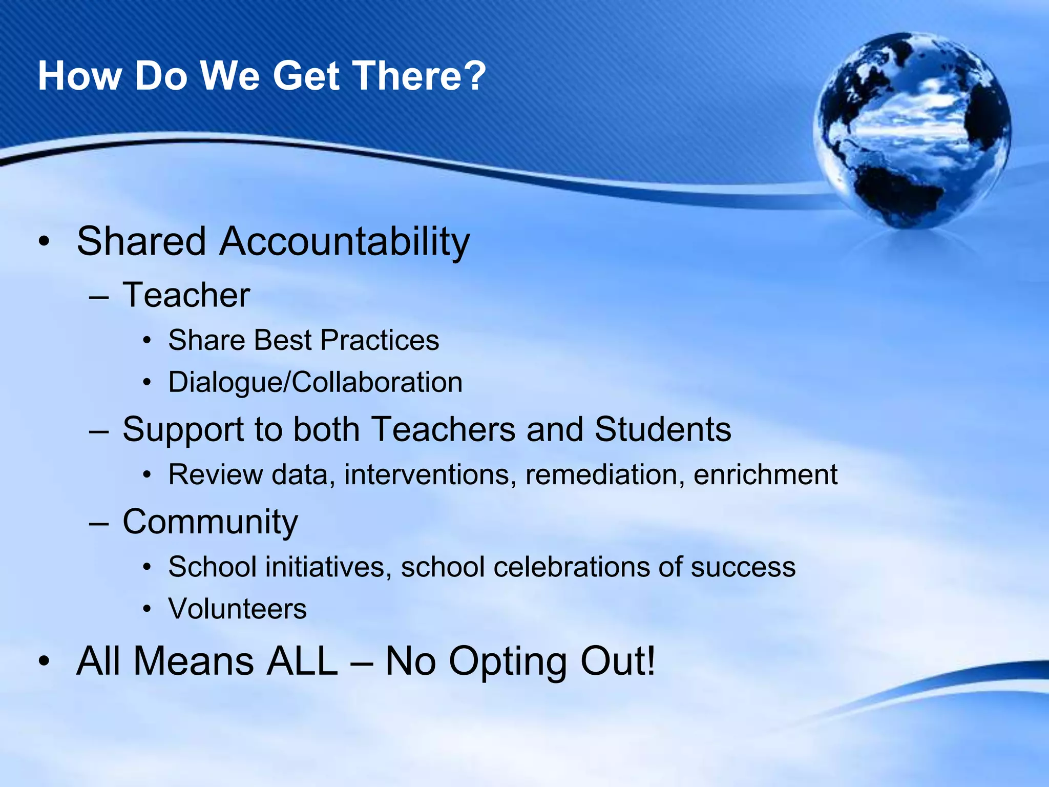 How Do We Get There?

• Shared Accountability
– Teacher
• Share Best Practices
• Dialogue/Collaboration

– Support to both Teachers and Students
• Review data, interventions, remediation, enrichment

– Community
• School initiatives, school celebrations of success
• Volunteers

• All Means ALL – No Opting Out!

 