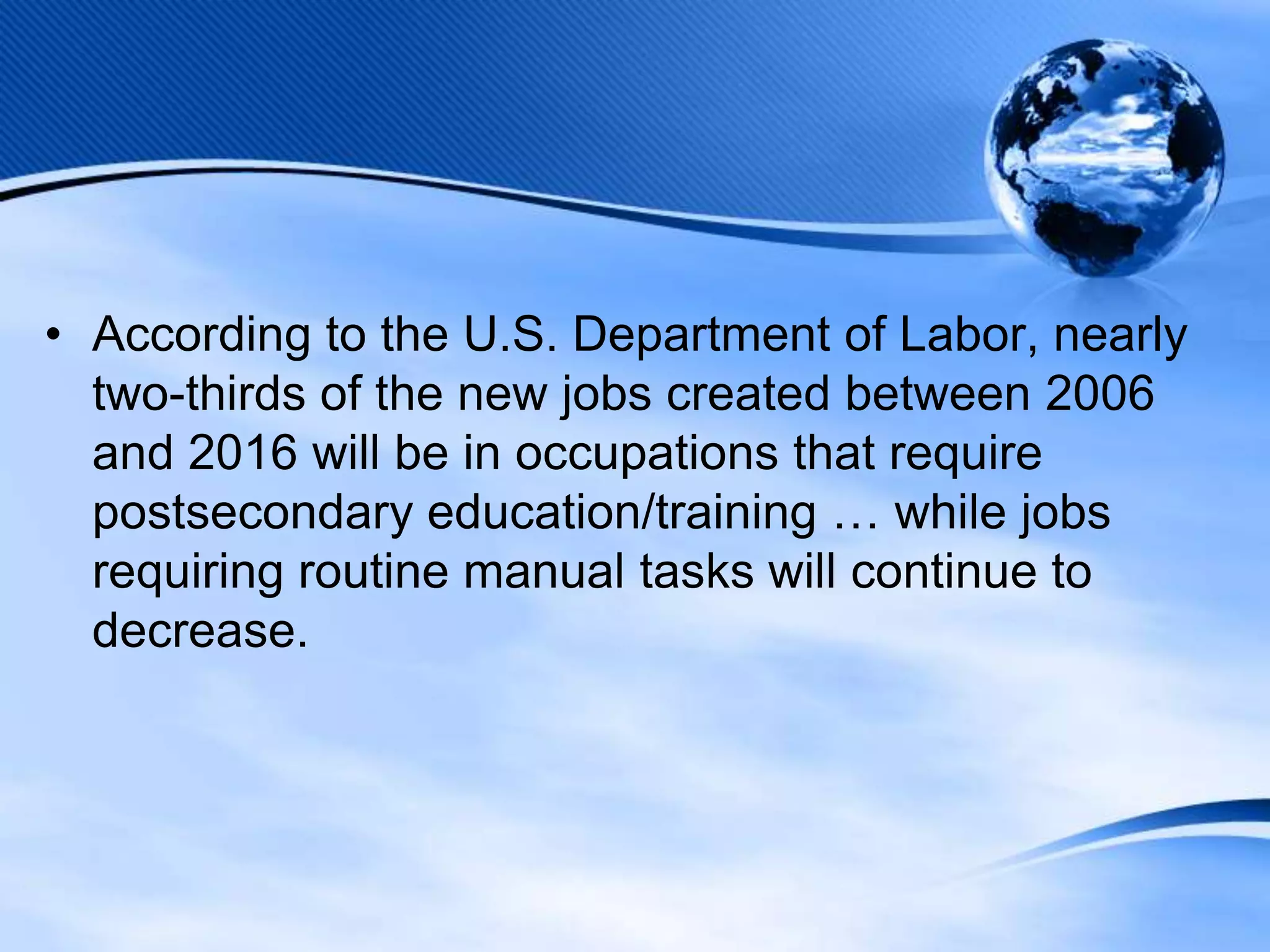 • According to the U.S. Department of Labor, nearly
two-thirds of the new jobs created between 2006
and 2016 will be in occupations that require
postsecondary education/training … while jobs
requiring routine manual tasks will continue to
decrease.

 