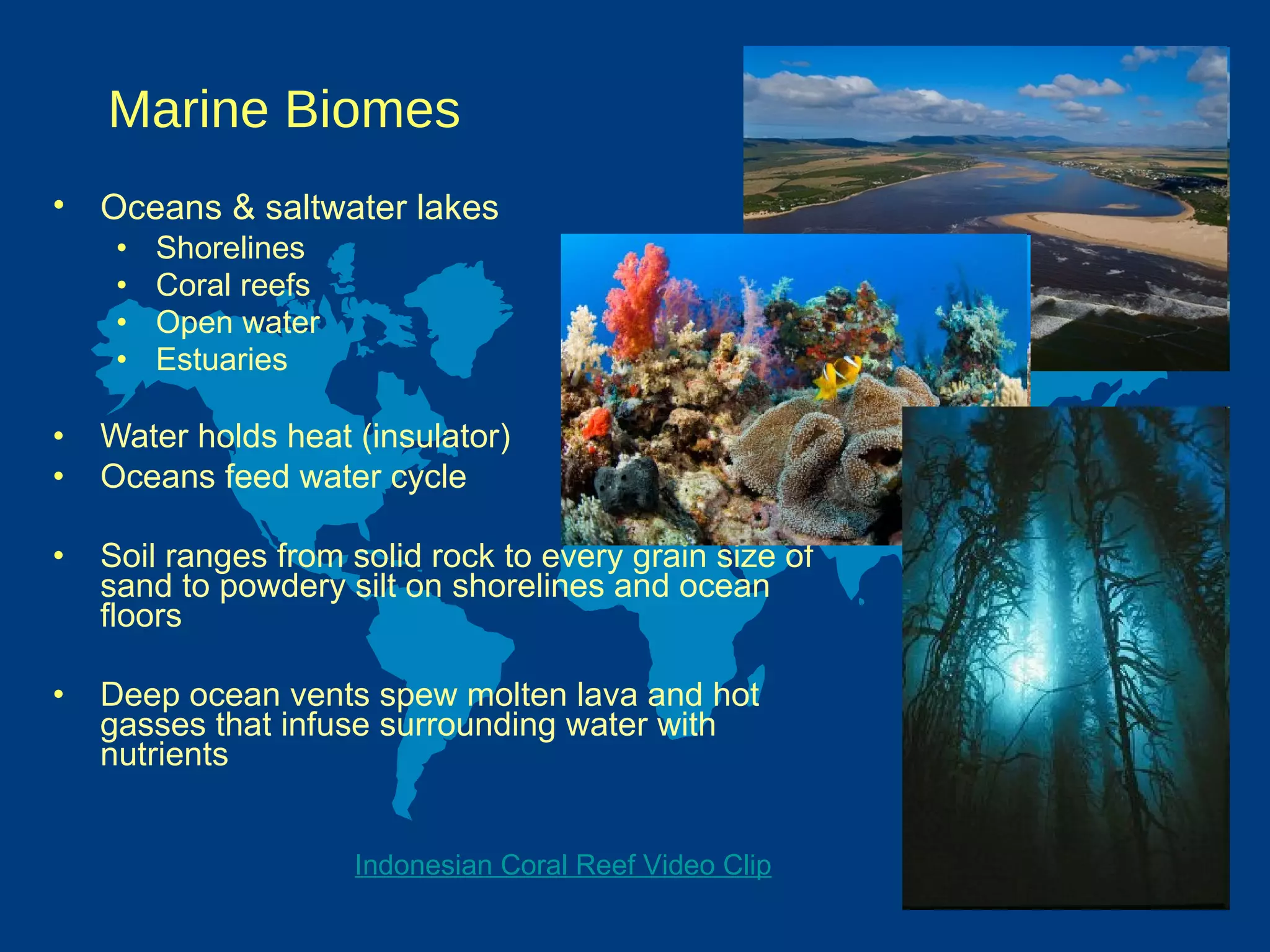 Marine Biomes  Oceans & saltwater lakes   Shorelines Coral reefs Open water Estuaries Water holds heat (insulator) Oceans feed water cycle Soil ranges from solid rock to every grain size of sand to powdery silt on shorelines and ocean floors Deep ocean vents spew molten lava and hot gasses that infuse surrounding water with nutrients Indonesian Coral Reef Video Clip 