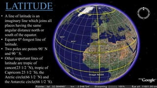 LATITUDE
• A line of latitude is an
imaginary line which joins all
places having the same
angular distance north or
south of the equator.
• Equator 0°-longest line of
latitude.
• Two poles are points 90˚ N
and 90 ˚ S.
• Other important lines of
latitude are tropic of
cancer(23 1/2 ˚N), tropic of
Capricorn 23 1/2 ˚S), the
Arctic circle(66 1/2 ˚N) and
the Antarctic circle(66 1/2 ˚S).
 