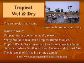 Tropical
Tropical
Wet & Dry
Wet & Dry
• This sub region has a rainy
This sub region has a rainy
season in the summer and a dry
season in the summer and a dry
season in winter.
season in winter.
• Temperatures are cooler in the dry season.
Temperatures are cooler in the dry season.
• Yearly rainfall is less than a Tropical Humid Climate.
Yearly rainfall is less than a Tropical Humid Climate.
• Tropical Wet & Dry climates are found next to tropical humid
Tropical Wet & Dry climates are found next to tropical humid
climates in Africa, South & Central America, and parts of Asia.
climates in Africa, South & Central America, and parts of Asia.
• The Savannah of Africa is a prime example.
The Savannah of Africa is a prime example.
http://www.blueplanetbiomes.org/savanna.htm
http://www.blueplanetbiomes.org/savanna.htm
 