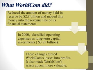 What WorldCom did?
Reduced the amount of money held in
reserve by $2.8 billion and moved this
money into the revenue line of its
financial statements.
In 2000, classified operating
expenses as long-term capital
investments ( $3.85 billion).
These changes turned
WorldCom's losses into profits.
It also made WorldCom's
assets appear more valuable.
 
