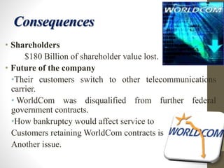 Consequences
• Shareholders
$180 Billion of shareholder value lost.
• Future of the company
•Their customers switch to other telecommunications
carrier.
• WorldCom was disqualified from further federal
government contracts.
•How bankruptcy would affect service to
Customers retaining WorldCom contracts is
Another issue.
 