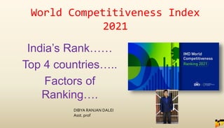 World Competitiveness Index
2021
India’s Rank……
Top 4 countries…..
Factors of
Ranking….
DIBYA RANJAN DALEI
Asst. prof
 