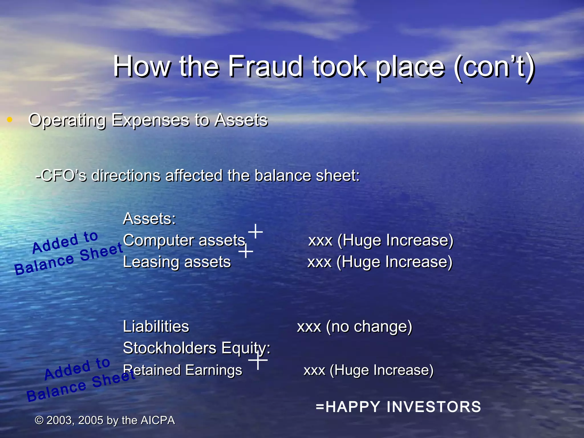 HHooww tthhee FFrraauudd ttooookk ppllaaccee ((ccoonn’’tt)) 
• OOppeerraattiinngg EExxppeennsseess ttoo AAsssseettss 
--CCFFOO’’ss ddiirreeccttiioonnss aaffffeecctteedd tthhee bbaallaannccee sshheeeett:: 
AAsssseettss:: 
CCoommppuutteerr aasssseettss xxxxxx ((HHuuggee IInnccrreeaassee)) 
LLeeaassiinngg aasssseettss xxxxxx ((HHuuggee IInnccrreeaassee)) 
A d d e d t o 
B a l a n c e S h e e t 
LLiiaabbiilliittiieess xxxxxx ((nnoo cchhaannggee)) 
SSttoocckkhhoollddeerrss EEqquuiittyy:: 
RReettaaiinneedd EEaarrnniinnggss xxxxxx ((HHuuggee IInnccrreeaassee)) 
A d d e d t o 
B a l a n c e S h e e t 
© 22000033,, 22000055 bbyy tthhee AAIICCPPAA 
=HAPPY INVESTORS 
 