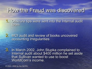 HHooww tthhee FFrraauudd wwaass ddiissccoovveerreedd 
11.. OObbssccuurree ttiippss wweerree sseenntt iinnttoo tthhee IInntteerrnnaall aauuddiitt 
tteeaamm 
22.. MMCCII aauuddiitt aanndd rreevviieeww ooff bbooookkss uunnccoovveerreedd 
aaccccoouunnttiinngg iirrrreegguullaarriittiieess 
33.. IInn MMaarrcchh 22000022,, JJoohhnn SSttuuppkkaa ccoommppllaaiinneedd ttoo 
IInntteerrnnaall aauuddiitt aabboouutt $440000 mmiilllliioonn hhee sseett aassiiddee 
tthhaatt SSuulllliivvaann wwaanntteedd ttoo uussee ttoo bboooosstt 
WWoorrllddCCoomm’’ss iinnccoommee.. 
© 22000033,, 22000055 bbyy tthhee AAIICCPPAA 
 