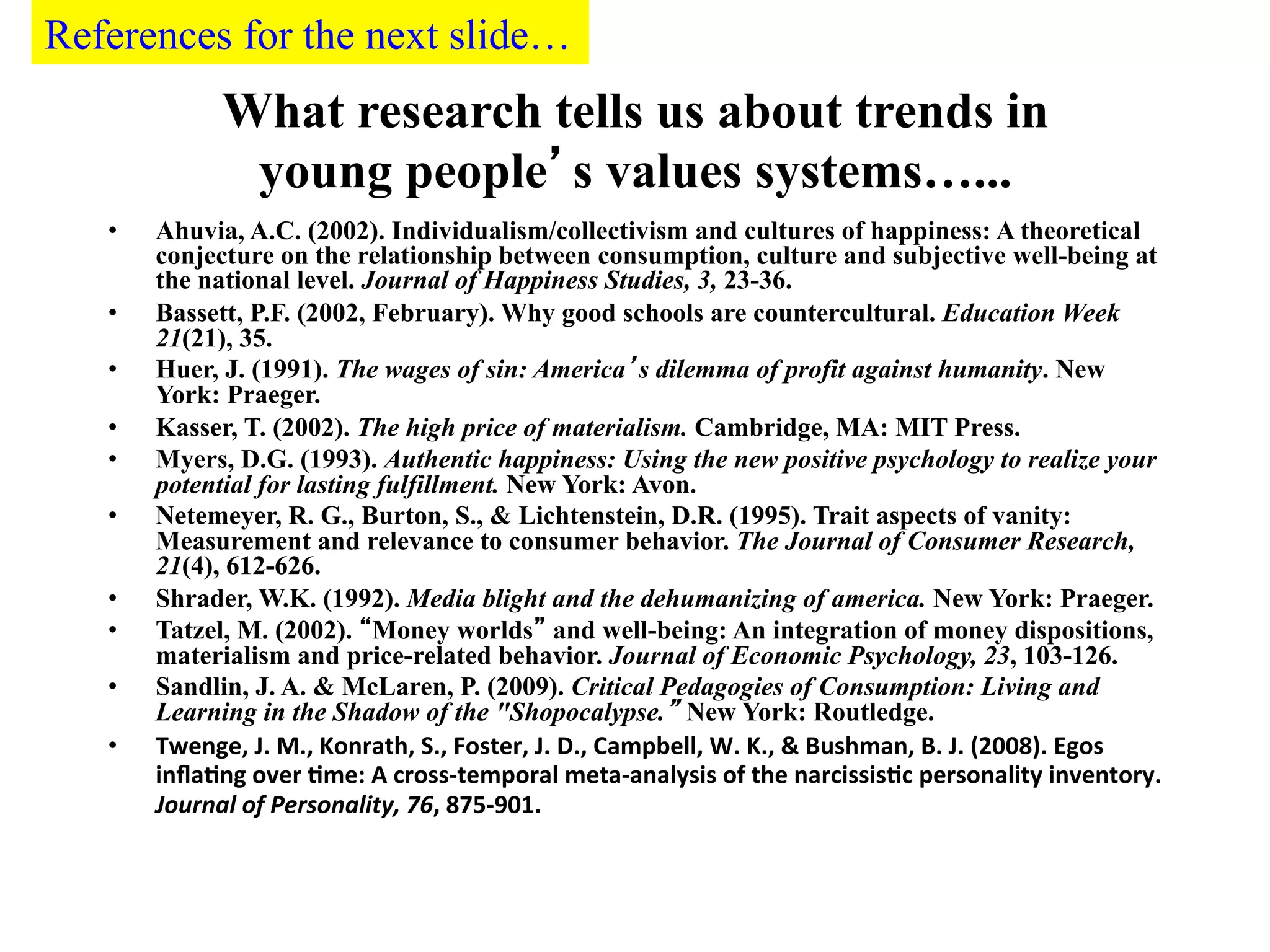 What research tells us about trends in
young people’s values systems…...
• Ahuvia, A.C. (2002). Individualism/collectivism and cultures of happiness: A theoretical
conjecture on the relationship between consumption, culture and subjective well-being at
the national level. Journal of Happiness Studies, 3, 23-36.
• Bassett, P.F. (2002, February). Why good schools are countercultural. Education Week
21(21), 35.
• Huer, J. (1991). The wages of sin: America’s dilemma of profit against humanity. New
York: Praeger.
• Kasser, T. (2002). The high price of materialism. Cambridge, MA: MIT Press.
• Myers, D.G. (1993). Authentic happiness: Using the new positive psychology to realize your
potential for lasting fulfillment. New York: Avon.
• Netemeyer, R. G., Burton, S., & Lichtenstein, D.R. (1995). Trait aspects of vanity:
Measurement and relevance to consumer behavior. The Journal of Consumer Research,
21(4), 612-626.
• Shrader, W.K. (1992). Media blight and the dehumanizing of america. New York: Praeger.
• Tatzel, M. (2002). “Money worlds” and well-being: An integration of money dispositions,
materialism and price-related behavior. Journal of Economic Psychology, 23, 103-126.
• Sandlin, J. A. & McLaren, P. (2009). Critical Pedagogies of Consumption: Living and
Learning in the Shadow of the "Shopocalypse.” New York: Routledge.
• Twenge,
J.
M.,
Konrath,
S.,
Foster,
J.
D.,
Campbell,
W.
K.,
&
Bushman,
B.
J.
(2008).
Egos
infla:ng
over
:me:
A
cross-‐temporal
meta-‐analysis
of
the
narcissis:c
personality
inventory.
Journal
of
Personality,
76,
875-‐901.
References for the next slide…