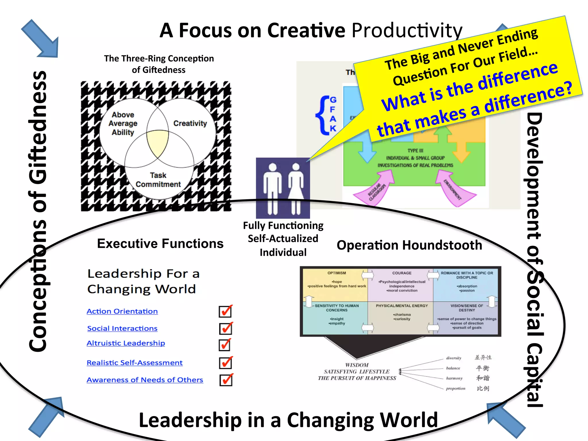 Concep:ons
of
GiJedness
A
Focus
on
Crea:ve
Produc6vity
The
Three-‐Ring
Concep:on
of
GiJedness
Fully
Func:oning
Self-‐Actualized
Individual
The
Development
of
Social
Capital
Opera:on
Houndstooth
Leadership
in
a
Changing
World
Executive Functions
The
Big
and
Never
Ending
Ques:on
For
Our
Field…
What
is
the
difference
that
makes
a
difference?