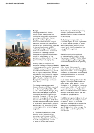 Davis Langdon, An AECOM Company                         World Construction 2012                                            4




                                  Europe                                          Western Europe. The fastest growing
                                  Sovereign debt crises and the                   sector is forecast to be the non-
                                  uncertainty in the Eurozone are                 residential sector closely followed by
                                  continuing to constrain construction            infrastructure.
                                  spending growth in many Western
                                  European markets. Only the                      The fastest growing countries in
                                  Scandinavian counties are likely to             Eastern Europe in 2012 are expected to
                                  be largely immune from the impacts.             be Poland (+9.1%) followed by Russia
                                  Infrastructure construction is expected         (+6.5%) and Turkey (+5.5%), all with
                                  to see declines through to 2015                 growth levels significantly above the
                                  with only limited growth forecast in            average for the region as
                                  both non-residential and residential            a whole.
                                  construction spending. Austerity
                                  measures in many Western European               In Russia, construction spending
                                  countries have focused on the                   on preparations for the 2014 Winter
                                  postponement/cancellation of many               Olympics and the 2018 FIFA World Cup
                                  planned infrastructure projects.                are boosting already booming energy
                                                                                  and transport infrastructure spending.
                                  Broadly speaking, construction
                                  spending in Western Europe is likely to         Middle East
Russia                            remain stagnant for most of the decade          In the Middle East, moderate
                                  with little or no growth expected.              construction spending growth (+4.2%)
                                  Indeed, construction spending growth            is expected in 2012. Much of the growth
                                  will be significantly lower in Western          will be led by increases in infrastructure
                                  Europe than trend growth for the rest           construction spending, in particular
                                  of the world. It is likely that it will be      energy infrastructure.
                                  2020 before the market in Western
                                  Europe returns to output levels last            Saudi Arabia, the largest market in the
                                  seen in 2007.                                   region, is also expected to lead much
                                                                                  of the growth in the region (+5% pa),
                                  The fastest growing countries in                through to 2015. Followed by a return to
                                  Western Europe in 2012 are expected             growth in the U.A.E. (+4% pa), much of
                                  to be Germany (+1.8%) and the U.K.              which will be led by Abu Dhabi, rather
                                  (+1.6%). Ireland, Spain, Portugal, Italy        than Dubai which remains subdued and
                                  and Greece are likely to experience             is largely expected to remain that way
                                  continuing declines in construction             through the forecast period.
                                  spending through to 2015, with little
                                  optimism about growth later in the              In addition, prospects in Qatar continue
                                  decade. Indeed through to 2015, their           to remain positive. Indeed, preparation
                                  share of the Western European market            for the FIFA World Cup 2022 and
                                  is expected to decline significantly (by        upgrading of associated infrastructure
                                  as much as 10%) while growth in the             is expected to make construction
                                  remaining countries remains largely             spending growth in Qatar amongst the
                                  stagnant.                                       fastest in the world throughout the
                                                                                  next decade.
                                  In Eastern Europe there is a more
                                  positive picture of construction
                                  spending growth through to 2015.
                                  However, it should be noted that these
                                  markets are significantly smaller
                                  in terms of volume than those in
 