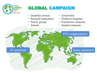 GLOBAL CAMPAIGN 
Disability services 
Research institutions 
Parent groups 
Schools 
Universities 
Children’s hospitals 
Practitioner networks 
Student networks 
271+ organizations 
47 countries 
Every continent  