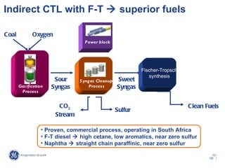 Indirect CTL with F-T  superior fuels

Coal          Oxygen
                                   Power block




                                                            Fischer-Tropsch
                                                               synthesis
                        Sour     S yngas Cleanup   Sweet
       Gas ification   Syngas        Proces s      Syngas
        Proces s


                         CO2                                                  Clean Fuels
                                                   Sulfur
                        Stream

                  • Proven, commercial process, operating in South Africa
                  • F-T diesel  high cetane, low aromatics, near zero sulfur
                  • Naphtha  straight chain paraffinic, near zero sulfur

                                                                                      10 /
                                                                                     GE /
 