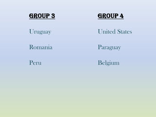 GROUP 3 GROUP 4
Uruguay United States
Romania Paraguay
Peru Belgium
 