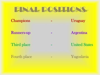 Champions - Uruguay
Runners-up - Argentina
Third place - United States
Fourth place - Yugoslavia
 