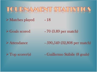 Matches played - 18
Goals scored - 70 (3.89 per match)
Attendance - 590,549 (32,808 per match)
Top scorer(s) - Guillermo Stábile (8 goals)
 