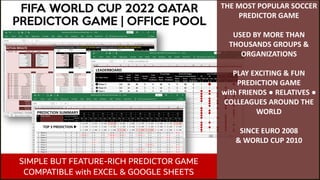 SIMPLE BUT FEATURE-RICH PREDICTOR GAME
COMPATIBLE with EXCEL & GOOGLE SHEETS
FIFA WORLD CUP 2022 QATAR
PREDICTOR GAME | OFFICE POOL
THE MOST POPULAR SOCCER
PREDICTOR GAME
USED BY MORE THAN
THOUSANDS GROUPS &
ORGANIZATIONS
PLAY EXCITING & FUN
PREDICTION GAME
with FRIENDS ● RELATIVES ●
COLLEAGUES AROUND THE
WORLD
SINCE EURO 2008
& WORLD CUP 2010
 