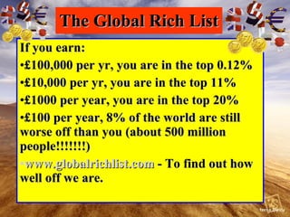 The Global Rich List If you earn: £100,000 per yr, you are in the top 0.12% £10,000 per yr, you are in the top 11% £1000 per year, you are in the top 20% £100 per year, 8% of the world are still worse off than you (about 500 million people!!!!!!!) www.globalrichlist.com  - To find out how well off we are.  