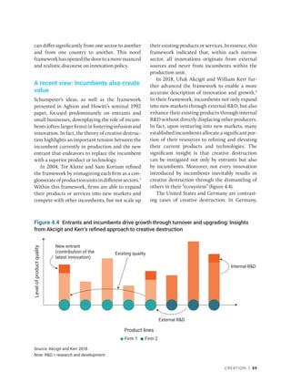 Creation | 89
can differ significantly from one sector to another
and from one country to another. This novel
frameworkhasopenedthedoortoamorenuanced
and realistic discourse on innovation policy.
A recent view: Incumbents also create
value
Schumpeter’s ideas, as well as the framework
presented in Aghion and Howitt’s seminal 1992
paper, focused predominantly on entrants and
small businesses, downplaying the role of incum-
bents (often larger firms) in fostering infusion and
innovation. In fact, the theory of creative destruc-
tion highlights an important tension between the
incumbent currently in production and the new
entrant that endeavors to replace the incumbent
with a superior product or technology.
In 2004, Tor Klette and Sam Kortum refined
the framework by reimagining each firm as a con-
glomerateofproductionunitsindifferentsectors.3
Within this framework, firms are able to expand
their products or services into new markets and
compete with other incumbents, but not scale up
their existing products or services. In essence, this
framework indicated that, within each narrow
sector, all innovations originate from external
sources and never from incumbents within the
production unit.
In 2018, Ufuk Akcigit and William Kerr fur-
ther advanced the framework to enable a more
accurate description of innovation and growth.4
In their framework, incumbents not only expand
into new markets through external RD, but also
enhance their existing products through internal
RD without directly displacing other producers.
In fact, upon venturing into new markets, many
established incumbents allocate a significant por-
tion of their resources to refining and elevating
their current products and technologies. The
significant insight is that creative destruction
can be instigated not only by entrants but also
by incumbents. Moreover, not every innovation
introduced by incumbents inevitably results in
creative destruction through the dismantling of
others in their ­
“ecosystem” (figure 4.4).
The United States and Germany are contrast-
ing cases of creative destruction. In Germany,
Figure 4.4 Entrants and incumbents drive growth through turnover and upgrading: Insights
from Akcigit and Kerr’s refined approach to creative destruction
Source: Akcigit and Kerr 2018.
Note: RD = research and development.
Firm 1 Firm 2
Internal RD
Product lines
External RD
Existing quality
New entrant
(contribution of the
latest innovation)
Level
of
product
quality
 