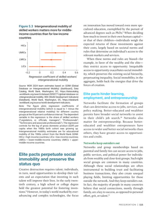 Preservation | 115
Elite pacts perpetuate social
immobility and preserve the
status quo
Creative destruction requires talent; individuals,
in turn, need opportunities to develop their tal-
ents and an expectation that investing in such
talent will improve their lives. In the early twen-
tieth century, a high school or college degree
held the greatest potential for fostering inven-
tions.8
However, in today’s world marked by ever-­
advancing and complex technologies, the focus
on innovation has moved toward even more spe-
cialized education, exemplified by the pursuit of
advanced degrees such as PhDs.9
When deciding
how much to invest in their own human ­
capital—
or that of their children—individuals weigh the
expected returns of those investments against
their costs, largely based on societal norms and
rules that determine an individual’s access to the
relevant markets and services.
When these norms and rules are biased—for
example, in favor of the wealthy and the elite—
they restrict access to opportunity. Inequitable
access to opportunity exacerbates social immobil-
ity, which preserves the existing social hierarchy,
perpetuating inequality. Social immobility, in the
aggregate, holds back the energies that drive the
forces of creation.
Elite pacts hinder learning,
employment, and entrepreneurship
Networks facilitate the formation of groups
that can determine access to jobs, services, and
policy making. Better-educated and wealthier
parents have broader social networks to assist
in their child’s job search.10
Networks also
matter for entrepreneurship. Because better-­
educated and wealthier entrepreneurs have
access to wider and better social networks than
others, they have greater access to opportuni-
ties and credit.
Networks keep outsiders out
Networks and group memberships based on
parental and family ties can secure access to jobs,
public services, and political power for individu-
als from wealthy and close-knit groups. Such tight
social groups are common in many countries.
Although these social relationships are often
instrumental in building trust and facilitating
business transactions, they also create unequal
playing fields, limiting opportunities for those
outside the network. And they keep outsiders out.
In fact, the majority of people in many countries
believe that social connections, mostly through
family, are a key to success, as opposed to personal
effort, grit, or talent.11
Figure 5.3 Intergenerational mobility of
skilled workers matters more for middle-
income countries than for low-income
countries
Source: WDR 2024 team estimates based on GDIM (Global
Database on Intergenerational Mobility) (dashboard), Data
Catalog, World Bank, Washington, DC, https://datacatalog​
.worldbank.org/search/dataset/0050771/global-database-on​
-intergenerational-mobility; WDI (World Development Indicators)
(DataBank), World Bank, Washington, DC, https://databank​
.worldbank.org​/­source/world-development-indicators.
Note: The figure plots regression coefficients of
intergenerational mobility (which is equal to 1 minus the
intergenerational relative mobility) for different country
groups at the 95 percent confidence interval. The dependent
variable in the regression is the share of skilled workers
(“Legislators, sr. officials, managers”; “Professionals”;
“Technicians and associate professionals”). The regression
controls for the log of gross domestic product (GDP) per
capita when the 1980s birth cohort was growing up.
Intergenerational mobility estimates are for educational
mobility of the 1980s cohort from the World Bank GDIM.
HICs = high-income countries; LICs = low-income countries;
LMICs = lower-middle-income countries; UMICs = upper-
middle-income countries.
HICs
UMICs
LMICs
LICs
−0.2 0.2
0 0.4 0.6
Regression coefficient of skilled workers’
intergenerational mobility
 