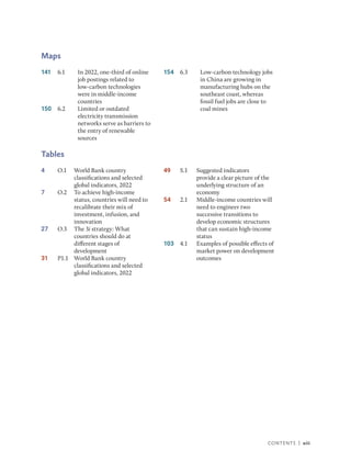 Contents | xiii
Maps
141 6.1 In 2022, one-third of online
job postings related to
low-carbon technologies
were in middle-income
countries
150 6.2 Limited or outdated
electricity transmission
networks serve as barriers to
the entry of renewable
sources
154 6.3 Low-carbon technology jobs
in China are growing in
manufacturing hubs on the
southeast coast, whereas
fossil fuel jobs are close to
coal mines
Tables
4 O.1 World Bank country
classifications and selected
global indicators, 2022
7 O.2 To achieve high-income
status, countries will need to
recalibrate their mix of
investment, infusion, and
innovation
27 O.3 The 3i strategy: What
countries should do at
different stages of
development
31 P1.1 World Bank country
classifications and selected
global indicators, 2022
49 S.1 Suggested indicators
provide a clear picture of the
underlying structure of an
economy
54 2.1 Middle-income countries will
need to engineer two
successive transitions to
develop economic structures
that can sustain high-income
status
103 4.1 Examples of possible effects of
market power on development
outcomes
 