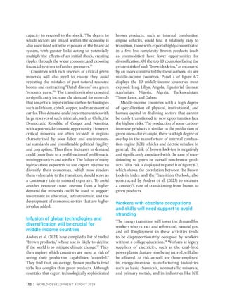 152 | WORLD DEVELOPMENT REPORT 2024
capacity to respond to the shock. The degree to
which sectors are linked within the economy is
also associated with the exposure of the financial
system, with greater links acting to potentially
multiply the effects of an initial shock, creating
ripples through the wider economy, and exposing
financial systems to further pressures.55
Countries with rich reserves of critical green
minerals will also need to ensure they avoid
repeating the mistakes of past natural resource
booms and contracting “Dutch disease” or a green
“resource curse.”56
The transition is also expected
to significantly increase the demand for minerals
that are critical inputs in low-carbon technologies
such as lithium, cobalt, copper, and rare essential
earths. This demand could present countries with
large reserves of such minerals, such as Chile, the
Democratic Republic of Congo, and Namibia,
with a potential economic opportunity. However,
critical minerals are often located in regions
characterized by poor labor and environmen-
tal standards and considerable political fragility
and corruption. Thus these increases in demand
could contribute to a proliferation of problematic
mining practices and conflict. The failure of many
hydrocarbon exporters to use export revenue to
diversify their economies, which now renders
them vulnerable to the transition, should serve as
a cautionary tale to mineral exporters. To avoid
another resource curse, revenue from a higher
demand for minerals could be used to support
investment in education, infrastructure, and the
development of economic sectors that are higher
in value added.
Infusion of global technologies and
diversification will be crucial for
middle-income countries
Andres et al. (2023) have compiled a list of traded
“brown products,” whose use is likely to decline
if the world is to mitigate climate change.57
They
then explore which countries are most at risk of
seeing their productive capabilities “stranded.”
They find that, on average, brown products tend
to be less complex than green products. Although
countries that export technologically sophisticated
brown products, such as internal combustion
engine vehicles, could find it relatively easy to
transition, those with exports highly concentrated
in a few low-complexity brown products (such
as commodities) have fewer opportunities for
diversification. Of the top 10 countries facing the
greatest risk of such “brown lock-ins,” as measured
by an index constructed by these authors, six are
middle-income countries. Panel a of f
igure 6.7
displays the 10 middle-income countries most
exposed: Iraq, Libya, Angola, Equatorial Guinea,
Azerbaijan, Nigeria, Algeria, Turkmenistan,
Timor-Leste, and Gabon.
Middle-income countries with a high degree
of specialization of physical, institutional, and
human capital in declining sectors that cannot
be easily transitioned to new opportunities face
the highest risks. The production of some carbon-­
intensive products is similar to the production of
green ones—for example, there is a high degree of
overlap in the manufacture of internal combus-
tion engine (ICE) vehicles and electric vehicles. In
general, the risk of brown lock-ins is negatively
and significantly associated with the ease of tran-
sitioning to green or overall non-brown prod-
ucts. This risk is displayed in panel b of f
igure 6.7,
which shows the correlation between the Brown
Lock-in Index and the Transition Outlook, also
constructed by Andres et al. (2023) to measure
a country’s ease of transitioning from brown to
green products.
Workers with obsolete occupations
and skills will need support to avoid
stranding
The energy transition will lower the demand for
workers who extract and refine coal, natural gas,
and oil. Employment in these activities tends
to be disproportionately occupied by workers
without a college education.58
Workers at legacy
suppliers of electricity, such as the coal-fired
power plants that are now being retired, will also
be affected. At risk as well are those employed
in energy-intensive manufacturing industries
such as basic chemicals, nonmetallic minerals,
and primary metals, and in industries like ICE
 