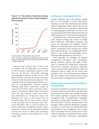 Rewarding Merit | 201
Research has revealed that if firms were
to comply with size-dependent tax policies,
in 140 countries employment growth would
drop by 25 percent. Conversely, removing
size-­
dependent taxation would lead to TFP
gains of about ­
1 ­
percent, on average, and up to
2.3 ­
percent for more distorted economies.59
For
example, in Mexico eliminating distortions cre-
ated by size-dependent ­
taxation ­
policies
favoring small firms could boost output by
9 ­percent.60
In Chile, China, and India, reduc-
tions in distortions helped these ­
economies
close the gap between actual and poten-
tial productivity by 10 percent. Figure 8.4
­
illustrates the value of the actual level of
manufacturing TFP in each country relative
to the potential level if resources were allo-
cated efficiently—that is, if the economy was
on the production ­
possibilities frontier. More
important, reforms of size-­
dependent policies
increase the return to skills and encourages
technology adoption and productivity in the
longer term.
Letting go of unproductive firms
Letting inefficient firms and business models
fail is a core principle of creative destruction.
Literature on firm exit—stemming from seminal
work by Hopenhayn (1992)—shows that the exit
of less productive firms contributes substantially
to raising aggregate productivity. In many coun-
tries, during periods of trade liberalization the exit
of the least productive firms has boosted growth.61
In middle-income countries, however, bureau-
cratic frictions prolong the survival of zombie
firms—inefficient, debt-ridden companies that
crowd out investment by productive firms.62
Reforms to bankruptcy laws can prevent unpro-
ductive incumbents from turning into zombie
firms and should focus on enabling failed busi-
nesses to exit swiftly and predict­
ably and on
allowing viable businesses to restructure.63
More generally, the shedding of outdated
arrangements—enterprises, jobs, technologies,
private contracts, policies, and public institu-
tions—is essential for reallocation, innovation,
and growth. Economic downturns sometimes
create a much-needed opportunity for older, less
productive firms to make way for newer, more
productive ones. A key Schumpeterian insight is
that the creation of new industries does not go
forward without sweeping away past realities.64
Modernizing organizational models to
manage firms
As barriers to growth are removed and resources
are better allocated toward firms that add value,
firms will need to make some strategic decisions.
Firm owners aspiring to expand must delegate
managerial tasks to professionals. Delegation
necessitates strong legal institutions to estab-
lish and enforce contracts between owners and
managers. These contracts should give managers
incentives to work hard and should hold them
accountable for any wrongdoing. Such arrange-
ments encourage firms to increase their invest-
ments in expansion. As productive firms expand,
creative destruction eliminates unproductive
Figure 8.3 The number of countries creating
special enforcement units for large taxpayers
has increased
Source: Bachas, Fattal Jaef, and Jensen 2019.
Note: The figure includes data collected by Bachas, Fattal
Jaef, and Jensen (2019) for all 113 countries with more than
1 million inhabitants.
0
20
40
60
80
100
120
1
9
6
0
1
9
7
0
1
9
8
0
1
9
9
0
2
0
0
0
2
0
1
0
2
0
1
4
Number
of
countries
 