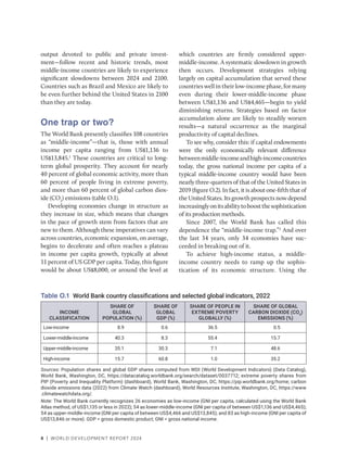 4 | WORLD DEVELOPMENT REPORT 2024
output devoted to public and private invest-
ment—follow recent and historic trends, most
middle-income countries are likely to experience
signifi­
cant slowdowns between 2024 and 2100.
Countries such as Brazil and Mexico are likely to
be even further behind the United States in 2100
than they are today.
One trap or two?
The World Bank presently classifies 108 countries
as “middle-income”—that is, those with annual
income per capita ranging from US$1,136 to
US$13,845.1
These countries are critical to long-
term global prosperity. They account for nearly
40 percent of global economic activity, more than
60 percent of people living in extreme poverty,
and more than 60 percent of global carbon diox-
ide (CO2
) emissions (table O.1).
Developing economies change in structure as
they increase in size, which means that changes
in the pace of growth stem from factors that are
new to them. Although these imperatives can vary
across countries, economic expansion, on average,
begins to decelerate and often reaches a plateau
in income per capita growth, typically at about
11 percent of US GDP per capita. Today, this figure
would be about US$8,000, or around the level at
which countries are firmly considered upper-
middle-income. A systematic slowdown in growth
then occurs. Development strategies relying
largely on capital accumulation that served these
countries well in their low-income phase, for many
even during their lower-middle-income phase
between US$1,136 and US$4,465—begin to yield
diminishing returns. Strategies based on factor
accumulation alone are likely to steadily worsen
results—a natural occurrence as the marginal
productivity of capital declines.
To see why, consider this: if capital endowments
were the only economically relevant difference
between­middle-incomeandhigh-incomecountries
today, the gross national income per capita of a
typical middle-income country would have been
nearly three-quarters of that of the United States in
2019 (figure O.2). In fact, it is about one-fifth that of
the United States. Its growth prospects now depend
increasinglyonitsabilitytoboostthesophistication
of its production methods.
Since 2007, the World Bank has called this
dependence the “middle-income trap.”2
And over
the last 34 years, only 34 economies have suc-
ceeded in breaking out of it.
To achieve high-income status, a middle-​
income country needs to ramp up the sophis-
tication of its economic structure. Using the
Table O.1 World Bank country classifications and selected global indicators, 2022
INCOME
CLASSIFICATION
SHARE OF
GLOBAL
POPULATION (%)
SHARE OF
GLOBAL
GDP (%)
SHARE OF PEOPLE IN
EXTREME POVERTY
GLOBALLY (%)
SHARE OF GLOBAL
CARBON DIOXIDE (CO2
)
EMISSIONS (%)
Low-income 8.9 0.6 36.5 0.5
Lower-middle-income 40.3 8.3 55.4 15.7
Upper-middle-income 35.1 30.3 7.1 48.6
High-income 15.7 60.8 1.0 35.2
Sources: Population shares and global GDP shares computed from WDI (World Development Indicators) (Data Catalog),
World Bank, Washington, DC, https://datacatalog.worldbank.org/search/dataset/0037712; extreme poverty shares from
PIP (Poverty and Inequality Platform) (dashboard), World Bank, Washington, DC, https://pip.worldbank.org/home; carbon
dioxide emissions data (2022) from Climate Watch (dashboard), World Resources Institute, Washington, DC, https://www​
.climatewatchdata.org/.
Note: The World Bank currently recognizes 26 economies as low-income (GNI per capita, calculated using the World Bank
Atlas method, of US$1,135 or less in 2022); 54 as lower-middle-income (GNI per capita of between US$1,136 and US$4,465);
54 as upper-middle-income (GNI per capita of between US$4,466 and US$13,845); and 83 as high-income (GNI per capita of
US$13,846 or more). GDP = gross domestic product; GNI = gross national income.
 