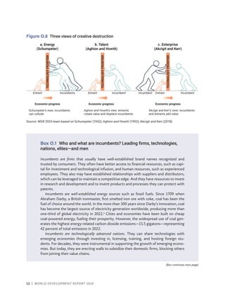 12 | WORLD DEVELOPMENT REPORT 2024
Source: WDR 2024 team based on Schumpeter (1942); Aghion and Howitt (1992); Akcigit and Kerr (2018).
Figure O.8 Three views of creative destruction
TECHNOLOGY
FRONTIER
Incumbent
Entrant
TECHNOLOGY
FRONTIER
Incumbents
Entrant
TECHNOLOGY
FRONTIER
Incumbent Incumbent
Entrant
Economic progress
Aghion and Howitt’s view: entrants
create value and displace incumbents
Economic progress
Schumpeter’s view: incumbents
can collude
Economic progress
Akcigit and Kerr’s view: incumbents
and entrants add value
a. Energy
(Schumpeter)
b. Talent
(Aghion and Howitt)
c. Enterprise
(Akcigit and Kerr)
Box O.1 Who and what are incumbents? Leading firms, technologies,
nations, elites—and men
Incumbents are firms that usually have well-established brand names recognized and
trusted by consumers. They often have better access to financial resources, such as capi-
tal for investment and technological infusion, and human resources, such as experienced
employees. They also may have established relationships with suppliers and distributors,
which can be leveraged to maintain a competitive edge. And they have resources to invest
in research and development and to invent products and processes they can protect with
patents.
Incumbents are well-established energy sources such as fossil fuels. Since 1709 when
Abraham Darby, a British ironmaster, first smelted iron ore with coke, coal has been the
fuel of choice around the world. In the more than 300 years since Darby’s innovation, coal
has become the largest source of electricity generation worldwide, producing more than
one-third of global electricity in 2022.a
Cities and economies have been built on cheap
coal-powered energy, fueling their prosperity. However, the widespread use of coal gen-
erates the highest energy-related carbon dioxide emissions—15.5 gigatons—representing
42 percent of total emissions in 2022.
Incumbents are technologically advanced nations. They can share technologies with
emerging economies through investing in, licensing, training, and hosting foreign stu-
dents. For decades, they were instrumental in supporting the growth of emerging econo-
mies. But today, they are erecting walls to subsidize their domestic firms, blocking others
from joining their value chains.
(Box continues next page)
 