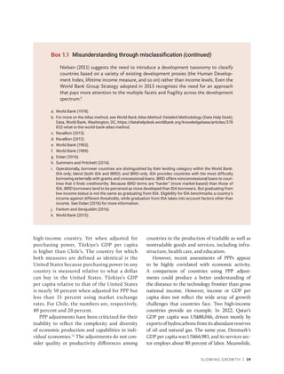 Slowing Growth | 39
high-income country. Yet when adjusted for
purchasing power, Türkiye’s GDP per capita
is higher than Chile’s. The country for which
both measures are defined as identical is the
United States because purchasing power in any
country is measured relative to what a dollar
can buy in the United States. Türkiye’s GDP
per capita relative to that of the United States
is nearly 50 percent when adjusted for PPP but
less than 15 percent using market exchange
rates. For Chile, the numbers are, respectively,
40 percent and 20 percent.
PPP adjustments have been criticized for their
inability to reflect the complexity and diversity
of economic production and capabilities in indi-
vidual economies.12
The adjustments do not con-
sider quality or productivity differences among
countries in the production of tradable as well as
nontradable goods and services, including infra-
structure, health care, and education.
However, recent assessments of PPPs appear
to be highly correlated with economic activity.
A ­
comparison of countries using PPP adjust-
ments could produce a better understanding of
the distance to the technology frontier than gross
national income. However, income or GDP per
capita does not reflect the wide array of growth
­
challenges that countries face. Two high-income
countries provide an example. In 2022, Qatar’s
GDP per capita was US$88,046, driven mostly by
exports of hydrocarbons from its abundant reserves
of oil and natural gas. The same year, Denmark’s
GDP per capita was US$66,983, and its services sec-
tor employs about 80 percent of labor. Meanwhile,
Nielsen (2011) suggests the need to introduce a development taxonomy to classify
countries based on a variety of existing development proxies (the Human Develop-
ment Index, lifetime income measure, and so on) rather than income levels. Even the
World Bank Group Strategy adopted in 2013 recognizes the need for an approach
that pays more attention to the multiple facets and fragility across the development
spectrum.k
a. World Bank (1978).
b.	
For more on the Atlas method, see World Bank Atlas Method: Detailed Methodology (Data Help Desk),
Data, World Bank, Washington, DC, https://datahelpdesk.worldbank.org/knowledgebase​/­articles/378
832-what-is-the-world-bank-atlas-method.
c. Ravallion (2013).
d. Ravallion (2012).
e. World Bank (1983).
f. World Bank (1989).
g. Dolan (2016).
h. Summers and Pritchett (2014).
i.	
Operationally, borrower countries are distinguished by their lending category within the World Bank:
IDA-only; blend (both IDA and IBRD); and IBRD-only. IDA provides countries with the most difficulty
borrowing externally with grants and concessional loans. IBRD offers nonconcessional loans to coun-
tries that it finds creditworthy. Because IBRD terms are “harder” (more market-based) than those of
IDA, IBRD borrowers tend to be perceived as more developed than IDA borrowers. But graduating from
low-income status is not the same as graduating from IDA. Eligibility for IDA benchmarks a country’s
income against different thresholds, while graduation from IDA takes into account factors other than
income. See Dolan (2016) for more information.
j. Fantom and Serajuddin (2016).
k. World Bank (2015).
Box 1.1 Misunderstanding through misclassification (continued)
 