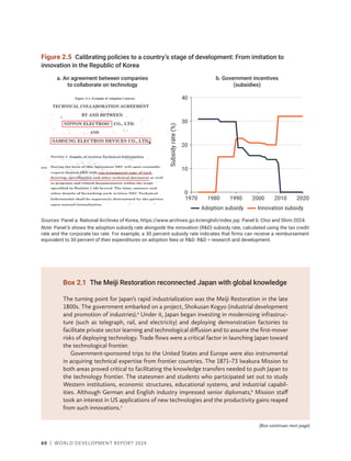60 | WORLD DEVELOPMENT REPORT 2024
Box 2.1 The Meiji Restoration reconnected Japan with global knowledge
The turning point for Japan’s rapid industrialization was the Meiji Restoration in the late
1800s. The ­
government embarked on a project, Shokusan Kogyo (industrial development
and promotion of industries).a
Under it, Japan began investing in modernizing infrastruc-
ture (such as telegraph, rail, and electricity) and deploying demonstration factories to
facilitate private sector learning and technological diffusion and to assume the first-mover
risks of deploying technology. Trade flows were a critical factor in launching Japan toward
the technological frontier.
Government-sponsored trips to the United States and Europe were also instrumental
in acquiring technical expertise from frontier countries. The 1871–73 Iwakura Mission to
both areas proved critical to facilitating the knowledge transfers needed to push Japan to
the technology frontier. The statesmen and students who participated set out to study
Western institutions, economic structures, educational systems, and industrial capabil-
ities. Although German and English industry impressed senior diplomats,b
Mission staff
took an interest in US applications of new technologies and the productivity gains reaped
from such innovations.c
a. An agreement between companies
to collaborate on technology
0
10
20
30
40
1970 1980 1990 2000 2010 2020
b. Government incentives
(subsidies)
Innovation subsidy
Adoption subsidy
Subsidy
rate
(%)
Figure A.1: Example of Adoption Contract
TECHNICAL COLLABORATION AGREEMENT
BY AND BETWEEN
NIPPON ELECTROIC
SAMSUNG ELECTRON DEVICES CO., LTD.
Section 4 Supply of written Technical Information
During the term of this Agreement NEC will upon reasoable
request furnish SED with one transparent copy of each
as programs and related documentation within the scope
other details of furnishing such written NEC Technical
Information shall be separately determined by the parties
upon mutual consultation.
specified in Section 1 (d) hereof. The time, manner and
drawing, specification and other technical document as well
(a)
CO., LTD.
AND
Figure A.1: Example of Adoption Contract
TECHNICAL COLLABORATION AGREEMENT
BY AND BETWEEN
NIPPON ELECTROIC
SAMSUNG ELECTRON DEVICES CO., LTD.
Section 4 Supply of written Technical Information
During the term of this Agreement NEC will upon reasoable
request furnish SED with one transparent copy of each
other details of furnishing such written NEC Technical
Information shall be separately determined by the parties
upon mutual consultation.
specified in Section 1 (d) hereof. The time, manner and
drawing, specification and other technical document as well
(a)
CO., LTD.
AND
Sources: Panel a: National Archives of Korea, https://www.archives.go.kr/english/index.jsp. Panel b: Choi and Shim 2024.
Note: Panel b shows the adoption subsidy rate alongside the innovation (RD) subsidy rate, calculated using the tax credit
rate and the corporate tax rate. For example, a 30 percent subsidy rate indicates that firms can receive a reimbursement
equivalent to 30 percent of their expenditures on adoption fees or RD. RD = research and development.
Figure 2.5 Calibrating policies to a country’s stage of development: From imitation to
innovation in the Republic of Korea
(Box continues next page)
 