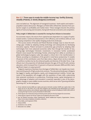 Structural Stasis | 63
were not bailed out. The alignment of managerial incentives—both explicit and implicit—
propelled creative destruction. Managers at Polish SOEs shifted their attention from pro-
duction targets to profitability and market share.e
These managers became the primary
agents of restructuring and innovation, facing both financial constraints and competition.
Policy insight 3: Skilled labor is essential for moving from infusion to innovation
As economies mature, the returns from capital become dependent on a supply of sophis-
ticated workers. Continual enhancements in firm efficiency and workforce skills are vital
to staying competitive in the rapidly changing productivity landscape.
The success stories of Estonia and Poland illustrate strategic ways to close the tech-
nology gap—­
initially by adopting existing technology and subsequently by developing
innovative capacity. Poland narrowed its productivity gap primarily by adopting older
technologies from more advanced economies rather than through the transfer of new,
cutting-edge technologies.f
Domestic investments in innovation further accelerated
Poland’s move toward the technology frontier, enhancing firms’ ability to contribute to
global technological progress. Labor also played a critical role in the transformation in
Poland, according to a breakdown of the growth in total factor productivity.g
A notable
20 percent of the contribution came from labor alone, a figure driven not by a reduction
in workforce numbers but by the enhanced quality and diversity of the labor force. A sig-
nificant rise in the proportion of individuals between the ages of 25 and 34 with a tertiary
education, which increased from 15 percent to 42 percent between 2000 and 2012, had a
significant impact on output growth.h
Bulgaria’s experience illustrates how shortages of skilled labor can impede new invest-
ment and the growth of high-productivity ventures. The educational landscape in Bulgaria
has lagged in quality, participation, equity, and intergenerational mobility. Certain seg-
ments of the population still struggle with the acquisition of basic skills, undermining
their potential contribution to productivity. Prioritizing human capital development to
take advantage of adoption and innovation is essential, especially in view of the demo-
graphic changes in many middle-income countries, which are at risk of “growing old before
becoming rich,” as the saying goes.
a.	
Gross national income (GNI) per capita and gross domestic product (GDP) per capita data in this
report are as of July 2023. As of July 2023, Bulgaria was classified by the World Bank as an upper-
middle-income country, with a GNI per capita (Atlas method, current US dollars) of US$13,350, short of
crossing the high-income country threshold of US$13,846.
b. These figures are measured using purchasing power parity for the four largest EU economies.
c. These figures capture net FDI per capita accumulated by the end of 1999.
d.	
See GII (Global Innovation Index) (dashboard), World Intellectual Property Organization, Geneva,
https://www.wipo.int​/­global_innovation_index/en/.
e. Pinto, Belka, and Krajewski (1993).
f. Kolasa (2008).
g. Gradzewicz et al. (2018).
h. Bukowski et al. (2006).
Box 2.2 Three ways to evade the middle-income trap: Swiftly (Estonia),
steadily (Poland), or slowly (Bulgaria) (continued)
 