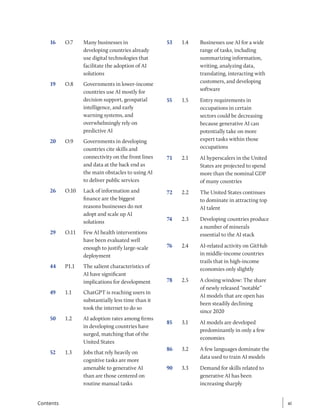 16 O.7 Many businesses in
developing countries already
use digital technologies that
facilitate the adoption of AI
solutions
19 O.8 Governments in lower-income
countries use AI mostly for
decision support, geospatial
intelligence, and early
warning systems, and
overwhelmingly rely on
predictive AI
20 O.9 Governments in developing
countries cite skills and
connectivity on the front lines
and data at the back end as
the main obstacles to using AI
to deliver public services
26 O.10 Lack of information and
finance are the biggest
reasons businesses do not
adopt and scale up AI
solutions
29 O.11 Few AI health interventions
have been evaluated well
enough to justify large-scale
deployment
44 P1.1 The salient characteristics of
AI have significant
implications for development
49 1.1 ChatGPT is reaching users in
substantially less time than it
took the internet to do so
50 1.2 AI adoption rates among firms
in developing countries have
surged, matching that of the
United States
52 1.3 Jobs that rely heavily on
cognitive tasks are more
amenable to generative AI
than are those centered on
routine manual tasks
53 1.4 Businesses use AI for a wide
range of tasks, including
summarizing information,
writing, analyzing data,
translating, interacting with
customers, and developing
software
55 1.5 Entry requirements in
occupations in certain
sectors could be decreasing
because generative AI can
potentially take on more
expert tasks within those
occupations
71 2.1 AI hyperscalers in the United
States are projected to spend
more than the nominal GDP
of many countries
72 2.2 The United States continues
to dominate in attracting top
AI talent
74 2.3 Developing countries produce
a number of minerals
essential to the AI stack
76 2.4 AI-related activity on GitHub
in middle-income countries
trails that in high-income
economies only slightly
78 2.5 A closing window: The share
of newly released “notable”
AI models that are open has
been steadily declining
since 2020
85 3.1 AI models are developed
predominantly in only a few
economies
86 3.2 A few languages dominate the
data used to train AI models
90 3.3 Demand for skills related to
generative AI has been
increasing sharply
xi
xi
Contents
 