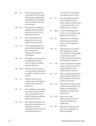94 3.4 Most developing countries
can benefit from AI through
adopting and adapting what
has already been established,
without needing to advance
the AI frontier
108 P2.1 The pathways of adopting,
adapting, and advancing AI
shape its economic, social,
and political impacts
111 4.1 How AI affects jobs and
productivity in low- and
middle-income countries
113 4.2 Firms’ rapid adoption of AI
has been facilitated by their
earlier adoption of
complementary digital
technologies
116 4.3 Developing countries still lag
in adopting AI, and their
lower AI exposure explains
only part of the lag
118 B4.2.1 Most AI exposure measures
are constructed similarly and
are highly correlated with one
another
119 4.4 Gaps are wider for more
complex types of AI adoption
and between smaller and
larger firms
121 4.5 Firm capabilities, preexisting
innovation behavior, market
access, and productivity all
predict AI adoption and more
sophisticated use of AI
123 4.6 AI’s impact on productivity is
expected to be much lower in
emerging market and
developing economies than in
advanced economies, if
current levels of AI exposure
and adoption stay the same
125 4.7 The job displacement effect
from ChatGPT has been
much stronger in high-income
countries than in low- and
middle-income countries
127 B4.3.1 GenAI is reshaping jobs in
South Asia, especially among
globally connected firms
128 4.8 Employment in developing
countries has increased in
sectors with the highest AI
exposure
129 4.9 Demand for new AI-related
skills and jobs has surged
since 2023 but remains highly
concentrated in a small
number of advanced countries
and high-skill occupations
131 4.10 As the AI value chain expands,
exports and start-up activity
are growing in low- and
middle-income countries
132 4.11 There is a big overlap between
countries with high levels of
both AI adoption and exports
in the AI value chain
136 4.12 The extent of AI impacts will
be affected by the speed of AI
adoption and whether AI
capabilities spread to affect
manual tasks
138 4.13 Firms expect large
productivity gains from AI
and positive impacts on
employment
149 S2.1 Illustrative architecture of a
generative AI agricultural
advisory platform
xii
xii World Development Report 2026
 