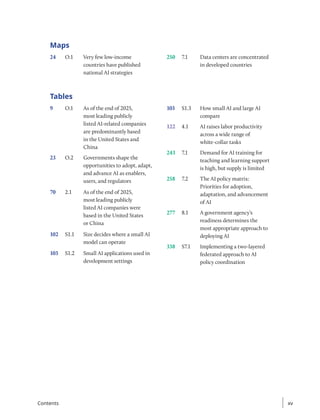 Tables
9 O.1 As of the end of 2025,
most leading publicly
listed AI-related companies
are predominantly based
in the United States and
China
23 O.2 Governments shape the
opportunities to adopt, adapt,
and advance AI as enablers,
users, and regulators
70 2.1 As of the end of 2025,
most leading publicly
listed AI companies were
based in the United States
or China
102 S1.1 Size decides where a small AI
model can operate
103 S1.2 Small AI applications used in
development settings
103 S1.3 How small AI and large AI
compare
122 4.1 AI raises labor productivity
across a wide range of
white-collar tasks
243 7.1 Demand for AI training for
teaching and learning support
is high, but supply is limited
258 7.2 The AI policy matrix:
Priorities for adoption,
adaptation, and advancement
of AI
277 8.1 A government agency’s
readiness determines the
most appropriate approach to
deploying AI
338 S7.1 Implementing a two-layered
federated approach to AI
policy coordination
Maps
24 O.1 Very few low-income
countries have published
national AI strategies
250 7.1 Data centers are concentrated
in developed countries
xv
xv
Contents
 