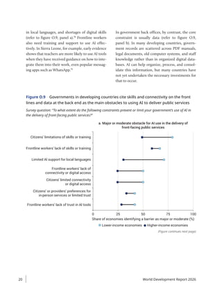 in local languages, and shortages of digital skills
(refer to figure O.9, panel a).78
Frontline workers
also need training and support to use AI effec-
tively. In Sierra Leone, for example, early evidence
shows that teachers are more likely to use AI tools
when they have received guidance on how to inte-
grate them into their work, even popular messag-
ing apps such as WhatsApp.79
In government back offices, by contrast, the core
constraint is usually data (refer to figure O.9,
panel b). In many developing countries, govern-
ment records are scattered across PDF manuals,
legal documents, old computer systems, and staff
knowledge rather than in organized digital data-
bases. AI can help organize, process, and consol-
idate this information, but many countries have
not yet undertaken the necessary investments for
that to occur.
(Figure continues next page)
Figure O.9 Governments in developing countries cite skills and connectivity on the front
lines and data at the back end as the main obstacles to using AI to deliver public services
Survey question: “To what extent do the following constraints prevent or limit your government’s use of AI in
the delivery of front-facing public services?”
a. Major or moderate obstacle for AI use in the delivery of
front-facing public services
Citizens' limitations of skills or training
Frontline workers' lack of skills or training
Limited Al support for local languages
Frontline workers' lack of
connectivity or digital access
Citizens' limited connectivity
or digital access
Citizens' or providers' preferences for
in-person services or limited trust
Frontline workers' lack of trust in Al tools
0 25 50
Share of economies identifying a barrier as major or moderate (%)
Lower-income economies Higher-income economies
75 100
World Development Report 2026
20
 
