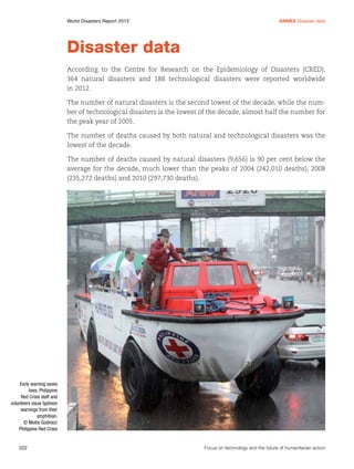 World Disasters Report 2013	

Annex Disaster data

Disaster data
According to the Centre for Research on the Epidemiology of Disasters (CRED),
364 natural disasters and 188 technological disasters were reported worldwide
in 2012.
The number of natural disasters is the second lowest of the decade, while the number of technological disasters is the lowest of the decade, almost half the number for
the peak year of 2005.
The number of deaths caused by both natural and technological disasters was the
lowest of the decade.
The number of deaths caused by natural disasters (9,656) is 90 per cent below the
average for the decade, much lower than the peaks of 2004 (242,010 deaths), 2008
(235,272 deaths) and 2010 (297,730 deaths).

Early warning saves
lives. Philippine
Red Cross staff and
volunteers issue typhoon
warnings from their
amphibian.
© Mollie Godinez/
Philippine Red Cross

222	

Focus on technology and the future of humanitarian action

 