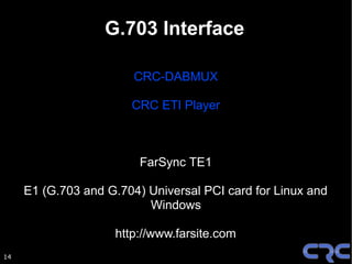 G.703 Interface

                        CRC-DABMUX

                       CRC ETI Player



                         FarSync TE1

     E1 (G.703 and G.704) Universal PCI card for Linux and
                          Windows

                    http://www.farsite.com
14
 