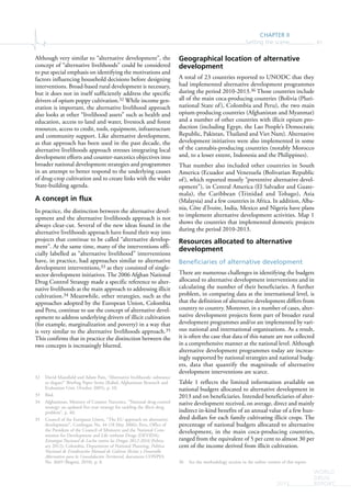 CHAPTER II
Setting the scene 81
WORLD
DRUG
REPORT2015
Although very similar to “alternative development”, the
concept of “alternative livelihoods” could be considered
to put special emphasis on identifying the motivations and
factors influencing household decisions before designing
interventions. Broad-based rural development is necessary,
but it does not in itself sufficiently address the specific
drivers of opium poppy cultivation.32 While income gen-
eration is important, the alternative livelihood approach
also looks at other “livelihood assets” such as health and
education, access to land and water, livestock and forest
resources, access to credit, tools, equipment, infrastructure
and community support. Like alternative development,
as that approach has been used in the past decade, the
alternative livelihoods approach stresses integrating local
development efforts and counter-narcotics objectives into
broader national development strategies and programmes
in an attempt to better respond to the underlying causes
of drug-crop cultivation and to create links with the wider
State-building agenda.
A concept in flux
In practice, the distinction between the alternative devel-
opment and the alternative livelihoods approach is not
always clear-cut. Several of the new ideas found in the
alternative livelihoods approach have found their way into
projects that continue to be called “alternative develop-
ment”. At the same time, many of the interventions offi-
cially labelled as “alternative livelihood” interventions
have, in practice, had approaches similar to alternative
development interventions,33 as they consisted of single-
sector development initiatives. The 2006 Afghan National
Drug Control Strategy made a specific reference to alter-
native livelihoods as the main approach to addressing illicit
cultivation.34 Meanwhile, other strategies, such as the
approaches adopted by the European Union, Colombia
and Peru, continue to use the concept of alternative devel-
opment to address underlying drivers of illicit cultivation
(for example, marginalization and poverty) in a way that
is very similar to the alternative livelihoods approach.35
This confirms that in practice the distinction between the
two concepts is increasingly blurred.
32 David Mansfield and Adam Pain, “Alternative livelihoods: substance
or slogan?” Briefing Paper Series (Kabul, Afghanistan Research and
Evaluation Unit, October 2005), p. 10.
33 Ibid.
34 Afghanistan, Ministry of Counter Narcotics, “National drug control
strategy: an updated five-year strategy for tackling the illicit drug
problem”, p. 40.
35 Council of the European Union, “The EU approach on alternative
development”, Cordrogue No. 44 (18 May 2006); Peru, Office of
the President of the Council of Ministers and the National Com-
mission for Development and Life without Drugs (DEVIDA),
Estrategia Nacional de Lucha contra las Drogas 2012-2016 (Febru-
ary 2012); Colombia, Department of National Planning, Política
Nacional de Erradicación Manual de Cultivos Ilícitos y Desarrollo
Alternativo para la Consolidación Territorial, document CONPES
No. 3669 (Bogotá, 2010), p. 8.
Geographical location of alternative
development
A total of 23 countries reported to UNODC that they
had implemented alternative development programmes
during the period 2010-2013.36 Those countries include
all of the main coca-producing countries (Bolivia (Pluri-
national State of), Colombia and Peru), the two main
opium-producing countries (Afghanistan and Myanmar)
and a number of other countries with illicit opium pro-
duction (including Egypt, the Lao People’s Democratic
Republic, Pakistan, Thailand and Viet Nam). Alternative
development initiatives were also implemented in some
of the cannabis-producing countries (notably Morocco
and, to a lesser extent, Indonesia and the Philippines).
That number also included other countries in South
America (Ecuador and Venezuela (Bolivarian Republic
of), which reported mostly “preventive alternative devel-
opment”), in Central America (El Salvador and Guate-
mala), the Caribbean (Trinidad and Tobago), Asia
(Malaysia) and a few countries in Africa. In addition, Alba-
nia, Côte d’Ivoire, India, Mexico and Nigeria have plans
to implement alternative development activities. Map 1
shows the countries that implemented domestic projects
during the period 2010-2013.
Resources allocated to alternative
development
Beneficiaries of alternative development
There are numerous challenges in identifying the budgets
allocated to alternative development interventions and in
calculating the number of their beneficiaries. A further
problem, in comparing data at the international level, is
that the definition of alternative development differs from
country to country. Moreover, in a number of cases, alter-
native development projects form part of broader rural
development programmes and/or are implemented by vari-
ous national and international organizations. As a result,
it is often the case that data of this nature are not collected
in a comprehensive manner at the national level. Although
alternative development programmes today are increas-
ingly supported by national strategies and national budg-
ets, data that quantify the magnitude of alternative
development interventions are scarce.
Table 1 reflects the limited information available on
national budgets allocated to alternative development in
2013 and on beneficiaries. Intended beneficiaries of alter-
native development received, on average, direct and mainly
indirect in-kind benefits of an annual value of a few hun-
dred dollars for each family cultivating illicit crops. The
percentage of national budgets allocated to alternative
development, in the main coca-producing countries,
ranged from the equivalent of 5 per cent to almost 30 per
cent of the income derived from illicit cultivation.
36 See the methodology section in the online version of this report.
 