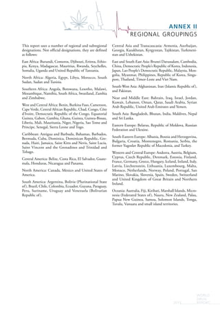 ANNEX II
REGIONAL GROUPINGS
WORLD
DRUG
REPORT2015
This report uses a number of regional and subregional
designations. Not official designations, they are defined
as follows:
East Africa: Burundi, Comoros, Djibouti, Eritrea, Ethio-
pia, Kenya, Madagascar, Mauritius, Rwanda, Seychelles,
Somalia, Uganda and United Republic of Tanzania.
North Africa: Algeria, Egypt, Libya, Morocco, South
Sudan, Sudan and Tunisia.
Southern Africa: Angola, Botswana, Lesotho, Malawi,
Mozambique, Namibia, South Africa, Swaziland, Zambia
and Zimbabwe.
West and Central Africa: Benin, Burkina Faso, Cameroon,
Cape Verde, Central African Republic, Chad, Congo, Côte
d’Ivoire, Democratic Republic of the Congo, Equatorial
Guinea, Gabon, Gambia, Ghana, Guinea, Guinea-Bissau,
Liberia, Mali, Mauritania, Niger, Nigeria, Sao Tome and
Principe, Senegal, Sierra Leone and Togo.
Caribbean: Antigua and Barbuda, Bahamas, Barbados,
Bermuda, Cuba, Dominica, Dominican Republic, Gre-
nada, Haiti, Jamaica, Saint Kitts and Nevis, Saint Lucia,
Saint Vincent and the Grenadines and Trinidad and
Tobago.
Central America: Belize, Costa Rica, El Salvador, Guate-
mala, Honduras, Nicaragua and Panama.
North America: Canada, Mexico and United States of
America.
South America: Argentina, Bolivia (Plurinational State
of), Brazil, Chile, Colombia, Ecuador, Guyana, Paraguay,
Peru, Suriname, Uruguay and Venezuela (Bolivarian
Republic of).
Central Asia and Transcaucasia: Armenia, Azerbaijan,
Georgia, Kazakhstan, Kyrgyzstan, Tajikistan, Turkmeni-
stan and Uzbekistan.
East and South-East Asia: Brunei Darussalam, Cambodia,
China, Democratic People’s Republic of Korea, Indonesia,
Japan, Lao People’s Democratic Republic, Malaysia, Mon-
golia, Myanmar, Philippines, Republic of Korea, Singa-
pore, Thailand, Timor-Leste and Viet Nam.
South-West Asia: Afghanistan, Iran (Islamic Republic of),
and Pakistan.
Near and Middle East: Bahrain, Iraq, Israel, Jordan,
Kuwait, Lebanon, Oman, Qatar, Saudi Arabia, Syrian
Arab Republic, United Arab Emirates and Yemen.
South Asia: Bangladesh, Bhutan, India, Maldives, Nepal
and Sri Lanka.
Eastern Europe: Belarus, Republic of Moldova, Russian
Federation and Ukraine.
South-Eastern Europe: Albania, Bosnia and Herzegovina,
Bulgaria, Croatia, Montenegro, Romania, Serbia, the
former Yugoslav Republic of Macedonia, and Turkey.
Western and Central Europe: Andorra, Austria, Belgium,
Cyprus, Czech Republic, Denmark, Estonia, Finland,
France, Germany, Greece, Hungary, Iceland, Ireland, Italy,
Latvia, Liechtenstein, Lithuania, Luxembourg, Malta,
Monaco, Netherlands, Norway, Poland, Portugal, San
Marino, Slovakia, Slovenia, Spain, Sweden, Switzerland
and United Kingdom of Great Britain and Northern
Ireland.
Oceania: Australia, Fiji, Kiribati, Marshall Islands, Micro-
nesia (Federated States of), Nauru, New Zealand, Palau,
Papua New Guinea, Samoa, Solomon Islands, Tonga,
Tuvalu, Vanuatu and small island territories.
 