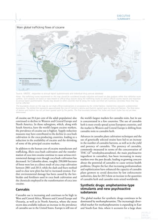 EXECUTIVE
SUMMARY xv
WORLD
DRUG
REPORT2015
of cocaine use (0.4 per cent of the adult population) also
continued to decline in Western and Central Europe and
North America. In those subregions, which, along with
South America, have the world’s largest cocaine markets,
the prevalence of cocaine use is highest. Supply reduction
measures may have contributed to the decline in coca bush
cultivation in the coca-producing countries, leading to a
reduction in the availability of cocaine and the shrinking
of some of the principal cocaine markets.
In addition to the human cost of cocaine manufacture and
trafficking, illicit coca bush cultivation and the transfor-
mation of coca into cocaine continue to cause serious envi-
ronmental damage even though coca bush cultivation has
decreased. In Colombia alone, roughly 290,000 hectares
of forest were lost as a direct result of coca crop cultivation
between 2001 and 2013, while the slash-and-burn method
used to clear new plots has led to increased erosion. Fur-
ther environmental damage has been caused by the her-
bicides and fertilizers used in coca bush cultivation and
the chemicals employed in the transformation of coca into
cocaine.
Cannabis
Cannabis use is increasing and continues to be high in
West and Central Africa, Western and Central Europe and
Oceania, as well as in North America, where the most
recent data available indicate an increase in the prevalence
of cannabis use in the United States. Europe is still one of
the world’s largest markets for cannabis resin, but its use
is concentrated in a few countries. The use of cannabis
herb is more evenly spread across European countries, and
the market in Western and Central Europe is shifting from
cannabis resin to cannabis herb.
Advances in cannabis plant cultivation techniques and the
use of genetically selected strains have led to an increase
in the number of cannabis harvests, as well as in the yield
and potency of cannabis. The potency of cannabis,
commonly measured in terms of the concentration of
THC (Δ9-tetrahydrocannabinol, the main psychoactive
ingredient in cannabis), has been increasing in many
markets over the past decade, leading to growing concern
about the potential of cannabis to cause serious health
problems. Despite the fact that increasing professionalism
and sophistication have enhanced the capacity of cannabis
plant growers to avoid detection by law enforcement
authorities, data for 2013 show an increase in the quantities
of cannabis herb and cannabis resin seized worldwide.
Synthetic drugs: amphetamine-type
stimulants and new psychoactive
substances
The global market for synthetic drugs continues to be
dominated by methamphetamine. The increasingly diver-
sified market for methamphetamine is expanding in East
and South-East Asia, where it accounts for a large share
China
South
Africa
Mexico
Ecuador
Bolivia
(Plur.
State of)
BrazilPeru
Colombia
Venezuela
(Bol. Rep. of)
Chile
Argentina
United States
of America
Canada
Australia
Australia
China
Australia
Singapore
Hong
Kong,
China
Oman
Qatar
Canada
United States
of America
Colombia
Peru
Chile
Argentina
Hong Kong,
China
Brazil
Singapore
Paraguay
India
Cabo
Verde
CENTRAL
AMERICA
WESTERN
AND CENTRAL
EUROPE
CARIBBEAN
WEST
AFRICA
0 2,0001,000 km
Flows of cocaine from/to countries or regions
Main trafficking
Other trafficking
Most frequently mentioned countries of
provenance for individual drug seizure cases
Note: The designations employed and the presentation of material on this map do not imply the expression of any opinion whatsoever on the part of the Secretariat of the United Nations concerning the legal status of any country, territory, city or area or of its authorities, or concerning the delimitation of its frontiers or boundaries. Dotted line represents approximately the Line of Control in Jammu and Kashmir agreed
upon by India and Pakistan. The final status of Jammu and Kashmir has not yet been agreed upon by the parties. Final boundary between the Republic of Sudan the Republic of South Sudan has not yet been determined. A dispute exists between the Governments of Argentina and the United Kingdom of Great Britain and Northern Ireland concerning sovereignty over the Falkland Islands (Malvinas).
* The trafficking routes represented on the above map should be considered broadly indicative and based on data analysis rather than definitive route outlines. Such analyses are based upon on data related to official drug seizures along the trafficking routes as well as official country report and Annual Response Questionnaires. Routes may deviate to other countries along the routes and there are numerous secondary
flows that may not be represented.
Sources: UNODC annual report questionnaire and individual drug seizure database.
Main global trafficking flows of cocaine
Source: UNODC, responses to annual report questionnaire and individual drug seizure database.
Notes: The trafficking routes represented on this map should be considered broadly indicative and based on data analyses rather than definitive route
outlines. Such analyses are based on data related to official drug seizures along the trafficking routes as well as official country reports and responses
to annual report questionnaires. Routes may deviate to other countries that lie along the routes and there are numerous secondary flows that may
not be reflected.
The boundaries shown on this map do not imply official endorsement or acceptance by the United Nations. Dashed lines represent undetermined
boundaries. The dotted line represents approximately the Line of Control in Jammu and Kashmir agreed upon by India and Pakistan. The final status
of Jammu and Kashmir has not yet been agreed upon by the parties. The final boundary between the Sudan and South Sudan has not yet been
determined.
 