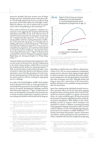 CHAPTER I
Drug use prevention 25
WORLD
DRUG
REPORT2015
interactive methods, had more sessions, were of longer
duration and were mediated by persons other than teach-
ers. The life-skills approach also serves as an effective drug
prevention tool for older adolescents with higher vulner-
ability for substance use, such as students who are consid-
ered at-risk of not graduating at the normal pace.128
These results corroborate the qualitative conclusion of a
systematic review suggesting that “programs which develop
individual social skills are the most effective form of
school-level intervention for the prevention of early drug
use” (cannabis and other drug use).129 In contrast, pre-
senting children with fear-arousing information is ineffec-
tive in this particular age group, as is focusing only on
building self-esteem or emotional education.130 It has been
estimated that if adolescents aged 10 to 15 years receive a
comprehensive programme, per month they drink alcohol
on 12 days less and use cannabis on 7 days less than if they
receive drug information only.131 Figure 22 illustrates how
a comprehensive positive development programme shaped
illegal drug use among participants in Hong Kong,
China.132
Computer-based universal prevention programmes with-
out any teacher involvement have also been implemented
in the school setting and have yielded effects in terms of
less smoking and less alcohol use among participants.133
Fully automated software leads students through a series
of sessions in which they identify social influences and are
animated to correct their false perceptions of social norms.
Internet-based programmes of this kind may work outside
the school context as well, but reaching the target group
may be a challenge.
In a study in the United Kingdom, middle-school students
with an elevated risk level due to certain personality fac-
tors benefited from personal and social skills training tai-
lored to the specific developmental challenges caused by
their behavioural tendencies.134 Figure 23 shows how sub-
stance use developed for ninth graders with elevated scores
in anxiety sensitivity, hopelessness, impulsivity and sensa-
tion seeking and therefore with elevated risk for drug use,
128 Spoth, Greenberg and Turrisi, “Preventive interventions addressing
underage drinking” (see footnote 109).
129 Faggiano and others, “School-based prevention for illicit drugs use:
a systematic review” (see footnote 124).
130 Ibid.
131 M. Lemstra and others, “A systematic review of school-based mari-
juana and alcohol prevention programs targeting adolescents aged
10-15”, Addiction Research and Theory, vol. 18, No. 1 (2010), pp.
84-96.
132 Daniel T. L. Shek and Lu Yu, “Longitudinal impact of the project
PATHS on adolescent risk behavior: what happened after five
years?”, The Scientific World Journal, vol. 2012 (2012).
133 K. E. Champion and others, “A systematic review of school-based
alcohol and other drug prevention programs facilitated by com-
puters or the Internet”, Drug and Alcohol Review, vol. 32, No. 2
(2012), pp. 115-123.
134 P. J. Conrod and others, “Effectiveness of a selective, personality-
targeted prevention program for adolescent alcohol use and misuse”,
JAMA Psychiatry, vol. 70, No. 3 (2013), pp. 334-342.
depending on whether they were offered a tailored inter-
vention or not. The two-session programme included goal-
setting exercises, education about coping strategies typical
for those personality traits and healthy alternatives, behav-
ioural management and changing dysfunctional beliefs
that often accompany such traits. Although alcohol and
drug use were only a minor focus of the intervention,
problem drinking was less probable among participants
after the intervention.
Apart from implementing individual-oriented interven-
tions, preventive effects can also be achieved by targeting
the general climate and drug-specific rules of schools. Feel-
ing left out motivates people to act against conventional
norms. As a major socializing agent, the school system has
the potential to integrate marginalized students and facili-
tate positive development. With children at risk, school-
bonding activities to improve school attendance and
attachment to school, in addition to promoting learning
of age-appropriate language and numeracy skills, may have
a positive influence in terms of developing important pro-
tective factors for students in middle childhood.135,136
Overall, interventions that promote a positive school ethos
and enhance student participation and commitment to
school, conjointly with rules that strongly discourage drug
135 P. Lucas and others, “Financial benefits for child health and well-
being in low income or socially disadvantaged families in developed
world countries”, Cochrane Database of Systematic Reviews, No. 2
(2008).
136 A. Petrosino and others, Interventions in Developing Nations for
Improving Primary and Secondary School Enrollment of Children: A
Systematic Review, Campbell Systematic Reviews, No. 19 (2012).
FIG. 22. Extent of illicit drug use among
adolescents who participated
in a school-based positive youth
development programme at age 12
Source: Shek and Yu, “Longitudinal impact of the project PATHS
on adolescent risk behavior” (2012).
Note: Graph shows the extent of illicit drug use among adolescents in
Hong Kong, China, who participated at age 12 in a school-based posi-
tive youth development programme compared with the extent of illicit
drug use among those who did not participate.
0
0.005
0.01
0.015
0.02
0.025
0.03
0.035
12 13 14 15 16
Illicitdrugusecompositescore
Approximate age
Intervention in secondary school
Control
 