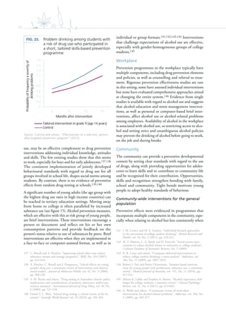 26
use, may be an effective complement to drug prevention
interventions addressing individual knowledge, attitudes
and skills. The few existing studies show that this seems
to work, especially for boys and for early adolescents.137,138
The consistent implementation of jointly developed
behavioural standards with regard to drug use for all
groups involved in school life, shapes social norms among
students. By contrast, there is no evidence of preventive
effects from random drug-testing at schools.139,140
A significant number of young adults (the age group with
the highest drug use rates in high income countries) can
be reached in tertiary education settings. Moving away
from home to college is often paralleled by increased
substance use (see figure 15). Alcohol prevention measures,
which are effective with this at-risk group of young people,
are brief interventions. These interventions encourage a
person to document and reflect on his or her own
consumption patterns and provide feedback on the
person’s status relative to use of substances by peers. Brief
interventions are effective when they are implemented in
a face-to-face or computer-assisted format, as well as in
137 C. Bonell and A. Fletcher, “Improving school ethos may reduce
substance misuse and teenage pregnancy”, BMJ, No. 334 (2007),
pp. 614-616.
138 A. Fletcher, C. Bonell and J. Hargreaves, “School effects on young
people’s drug use: a systematic review of intervention and observa-
tional studies”, Journal of Adolescent Health, vol. 42, No. 3 (2008),
pp. 209-220.
139 A. M. Roche and others, “Drug testing in Australian schools: policy
implications and considerations of punitive, deterrence and/or pre-
vention measures”, International Journal of Drug Policy, vol. 20, No.
6 (2009), pp. 521-528.
140 Daniel T. L. Shek, “School drug testing: a critical review of the lit-
erature”, Scientific World Journal, vol. 10 (2010), pp. 356-365.
individual or group formats.141,142,143,144 Interventions
that challenge expectations of alcohol use are effective,
especially with gender-homogeneous groups of college
students.145
Workplace
Prevention programmes in the workplace typically have
multiple components, including drug prevention elements
and policies, as well as counselling and referral to treat-
ment. Rigorous prevention effectiveness studies are rare
in this setting; some have assessed individual interventions
but none have evaluated comprehensive approaches aimed
at changing the entire system.146 Evidence from single
studies is available with regard to alcohol use and suggests
that alcohol education and stress management interven-
tions, as well as personal or computer-based brief inter-
ventions, affect alcohol use or alcohol-related problems
among employees. Availability of alcohol in the workplace
is associated with alcohol use, so restricting access to alco-
hol and setting strict and unambiguous alcohol policies
may prevent the drinking of alcohol before going to work,
on the job and during breaks.
Community
The community can provide a preventive developmental
context by setting clear standards with regard to the use
of drugs, along with providing opportunities for adoles-
cents to learn skills and to contribute to community life
and be recognized for their contribution. Opportunities,
skills and recognition strengthen bonding with family,
school and community. Tight bonds motivate young
people to adopt healthy standards of behaviour.
Community-wide interventions for the general
population
Preventive effects were evidenced in programmes that
incorporate multiple components in the community, espe-
cially when relating to alcohol but less consistently when
141 J. M. Cronce and M. E. Larimer, “Individual-focused approaches
to the prevention of college student drinking”, Alcohol Research and
Health, vol. 34, No. 2 (2011), pp. 210-221.
142 M. T. Moreira, L. A. Smith and D. Foxcroft, “Social norms inter-
ventions to reduce alcohol misuse in university or college students”,
Cochrane Database of Systematic Reviews, No. 3 (2009).
143 K. B. Carey and others, “Computer-delivered interventions to
reduce college student drinking: a meta-analysis”, Addiction, vol.
104, No. 11 (2009), pp. 1807-1819.
144 Robert J. Tait and Helen Christensen, “Internet-based interven-
tions for young people with problematic substance use: a systematic
review”, Medical Journal of Australia, vol. 192, No. 11 (2010), pp.
S15-S21.
145 Allison K. Labbe and Stephen A. Maisto, “Alcohol expectancy chal-
lenges for college students: a narrative review”, Clinical Psychology
Review, vol. 31, No. 4 (2011), pp. 673-683.
146 G. Webb and others, “A systematic review of work-place
interventions for alcohol-related problems”, Addiction, vol. 104, No.
3 (2009), pp. 365-377.
FIG. 23. Problem drinking among students with
a risk of drug use who participated in
a short, tailored skills-based prevention
programme
Source: Conrod and others, “Effectiveness of a selective, person-
ality-targeted prevention program” (2013).
0
0.2
0.4
0.6
0.8
1
1.2
1.4
1.6
1.8
6 12 18 24
Probabilityoffrequencyxseverityof
drinkingproblems
Months after intervention
Tailored intervention in grade 9 (age 14 years)
Control
 