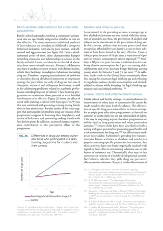 28
Multi-sectorial interventions for vulnerable
populations
Family-school approaches without a community compo-
nent that are specifically designed for children at risk are
also effective. The most prominent individual predictor
of later substance use disorders in childhood is disruptive
behaviour facilitated, inter alia, by poor impulse- and self-
control and aggressiveness (see figure 26). From a devel-
opmental point of view, these characteristics hamper
rewarding situations and relationships at school, in the
family and with friends, and thus elevate the risk of aliena-
tion from conventional contexts. Alienated adolescents
may have a tendency to turn to peers with deviant norms,
which then facilitates maladaptive behaviour, including
drug use. Therefore, targeting externalization of problems
or disorders during childhood represents an important
strategy for prevention not only of drug use but also of
disruptive, antisocial and delinquent behaviours, as well
as for addressing problems related to academic perfor-
mance and dropping out of school. These training pro-
grammes or treatments allow parental or even familial
involvement to be effective. Figure 26 shows the effect of
social skills training at school with boys aged 7 to 9 years
that was combined with parenting training during family
visits in late adolescence. Further results of the study sug-
gest that participants reported less drug use because of the
programme’s support in lessening their impulsivity and
antisocial behaviour and promoting making friends with
less deviant peers. In addition, increased parental supervi-
sion contributed to the preventive effect of the
programme.
Alcohol and tobacco policies
As mentioned in the preceding sections, a younger age at
first alcohol and nicotine use was related with later initia-
tion of cannabis use; thus, the prevention of alcohol and
tobacco use is also relevant to the prevention of drug use.
In this context, policies that increase prices (and thus
manipulate affordability) and restrict access to these sub-
stances have been found to be very effective. From a
tobacco price increase of 10 per cent, a reduction of 4 per
cent in tobacco consumption can be expected.152 Simi-
larly, a 10 per cent price increase is estimated to decrease
heavy alcohol consumption by 5 per cent among older
adolescents and even decrease binge drinking among
young adults by between 9 and 35 per cent.153 In addi-
tion, study results in the United States consistently show
that raising the minimum legal drinking age and enforcing
its regulation reduces alcohol consumption and alcohol-
related accidents while lowering the legal drinking age
increases use and related problems.154
Leisure, sports and entertainment venues
Unlike school and family settings, recommendations for
interventions in other areas of community life cannot be
made based on the same level of evidence. The effective-
ness of specific drug prevention efforts in leisure settings,
for example peer education programmes at festivals or
activities in sports clubs, has not yet been studied in depth.
This may be surprising as peer education programmes are
widely used in drug prevention and other prevention
domains.155 Sports clubs have been described as both a
setting with great potential for promoting good health and
a risk environment for drug use,156 but effectiveness stud-
ies are not available. Furthermore, providing low-resource-
intensive leisure activities to children and youths is a
popular non-drug-specific prevention intervention, but
these activities have not been empirically studied with
regard to their effect in attenuating substance use or risk
factors of substance use. Theoretically, they may in fact
constitute an element of a healthy developmental context.
Nevertheless, whether they yield drug use preventive
effects remains unknown. Research on the effectiveness of
152 D. P. Hopkins and others, “Reviews of evidence regarding
interventions to reduce tobacco use and exposure to environmental
tobacco smoke”, American Journal of Preventive Medicine, vol. 20,
No. 2, Suppl. No. 1 (2001), pp. 16-66.
153 R. W. Elder and others, “The effectiveness of tax policy
interventions for reducing excessive alcohol consumption and
related harms”, American Journal of Preventive Medicine, vol. 38,
No. 2 (2010), pp. 217-229.
154 Alexander C. Wagenaar and Traci L. Toomey, “Effects of minimum
drinking age laws: review and analyses of the literature from 1960
to 2000”, Journal of Studies on Alcohol, Suppl. No. 14 (2002), pp.
206-225.
155 A. Calafat, J. Montse and M. A. Duch, “Preventive interventions in
nightlife: a review”, Adicciones, vol. 21, No. 4 (2009), pp. 387-414.
156 S. Geidne, M. Quennerstedt and C. Eriksson, “The youth sports
club as a health-promoting setting: an integrative review of
research”, Scandinavian Journal of Public Health, vol. 41, No. 3
(2013), pp. 269-283.
FIG. 26. Differences in drug use among vulner-
able boys who participated in a skills
training programme for students and
their parents
Source: N. Castellanos-Ryan and others, “Impact of a 2-year mul-
timodal intervention for disruptive 6-year-olds on substance use in
adolescence: randomised controlled trial”, The British Journal of
Psychiatry, vol. 203, No. 3 (2013), pp. 188-195.
1
1.2
1.4
1.6
1.8
2
2.2
14 15 16 17
Numbersofdrugsused
Age
Parenting/school intervention at age 7-9
Control
 