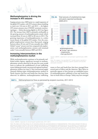 68
Methamphetamine is driving the
increase in ATS seizures
Surging seizures since 2009 point to a rapid expansion of
the global ATS market, with ATS seizures almost doubling
to reach over 144 tons in 2011 and 2012 — the highest
ATS seizure amounts since UNODC systematic monitor-
ing began — before decreasing slightly in 2013 (see figure
69). The increase from 2009 is primarily attributable to
the growing amount of methamphetamine seized, which
increased from 34 tons in 2009 to 88 tons in 2013. The
growing importance of methamphetamine is a rather
recent feature of the global ATS market. Over the years,
global amphetamine seizures have fluctuated, ranging
between about 20 tons and 33 tons annually since 2009.
Global “ecstasy” seizures were low compared with amphet-
amine and methamphetamine seizures and remained
under 5 tons annually between 2009 and 2013.
Increasing interconnections in the
methamphetamine market
While methamphetamine continues to be primarily traf-
ficked within regions, significant increases in metham-
phetamine seizures observed in the past five years would
seem to indicate the establishment of new trafficking
routes linking previously unconnected regional metham-
phetamine markets (see map 3). New international supply
channels linking major methamphetamine markets in
North America and East and South-East Asia have been
observed. In addition, methamphetamine trafficking
routes to East and South-East Asia have emerged from
several parts of Africa and the Americas. West Africa in
particular appears to have become an established source
of methamphetamine trafficked to East and South-East
Asia via South Africa or Europe. Turkey may have emerged
FIG. 69. Total seizures of amphetamine-type
stimulants reported worldwide,
2009-2013
Source: UNODC, responses to annual report questionnaire, 2009-
2013.
Note: The category “non-specified ATS” includes seizures reported to
UNODC as ATS without indicating a specific substance and excludes
prescription stimulants.
0 2,0001,000 km
Western
Asia
South-
Eastern
Europe
Eastern
Europe
East
Africa
South-East
Asia
West
Africa
Middle
East
Western
and Central
Europe
East
Asia
Southern
Africa
Central
Asia
Oceania
South
America
East
Asia
North
America
Oceania
Methamphetamine flows
Central
America
MAP 3. Methamphetamine ﬂows as perceived by recipient countries, 2011-2013
Source: UNODC, responses to annual report questionnaire, 2011-2013.
Note: The origins of the flow arrows do not necessarily indicate the source/manufacture of methamphetamine. These arrows represent the flows as
perceived by recipient countries. Flow arrows represent the direction of methamphetamine trafficking and are not an indication of the quantity traf-
ficked. The boundaries shown on this map do not imply official endorsement or acceptance by the United Nations. Dashed lines represent undetermined
boundaries. The dotted line represents approximately the Line of Control in Jammu and Kashmir agreed upon by India and Pakistan. The final status of
Jammu and Kashmir has not yet been agreed upon by the parties. The final boundary between the Sudan and South Sudan has not yet been determined.
0
20,000
40,000
60,000
80,000
100,000
120,000
140,000
160,000
2009 2010 2011 2012 2013
Quantity(kilograms)
Methamphetamine
"Ecstasy"-type substances
Amphetamine
Non-specified ATS
 