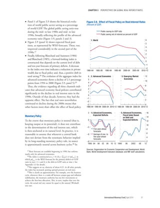 CHAPTER 3  PERSPECTIVES ON GLOBAL REAL INTEREST RATES
	 International Monetary Fund|April 2014	91
•• Panel 1 of Figure 3.9 shows the historical evolu-
tion of world public sector saving as a percentage
of world GDP. The global public saving ratio rose
during the mid- to late 1980s and mid- to late
1990s, broadly reflecting the profile of the advanced
economy ratio (Figure 3.9, panels 2 and 3).
•• Figure 3.9 (panel 4) shows expected fiscal posi-
tions, as represented by WEO forecasts. These, too,
improved considerably in the second part of the
1990s.27
•• Finally, following Blanchard and Summers (1984)
and Blanchard (1985), a forward-looking index is
constructed that depends on the current level of debt
and ten-year forecasts of primary deficits. A decrease
in the index over time indicates a reduction in private
wealth due to fiscal policy and, thus, a positive shift in
total saving.28 The evolution of the aggregate index for
advanced economies shows a decline of 2.1 percentage
points from 1994 to 2000 (Figure 3.9, panel 5).29
Thus, the evidence regarding all three channels indi-
cates that advanced economy fiscal policies contributed
significantly to the decline in real interest rates in the
1990s. Outside of that decade, however, they had the
opposite effect. The fact that real rates nevertheless
continued to decline during the 2000s means that
other factors more than offset the effect of fiscal policy.
Monetary Policy
To the extent that monetary policy is neutral (that is,
keeping output at its potential), it does not contribute
to the determination of the real interest rate, which
is then anchored at its natural level. In practice, it is
reasonable to assume that whenever a central bank
does not deviate from the systematic behavior implied
by its long-standing monetary policy rule, its stance
is approximately neutral across business cycles.30 In
27These forecasts are available beginning in 1990, but unfortu-
nately only for advanced economies.
28The index is constructed as xt = 0.1[bt + ∑∞
i=0(1.1)–ipdt,t+i], in
which pdt,t+i is the WEO forecast for the primary-deficit-to-GDP
ratio in year t + i, and bt is the debt-to-GDP ratio at time t. See
Appendix 3.3 for details.
29This suggests an arc elasticity of about 0.21. In all other periods,
the index has increased, putting upward pressure on real rates.
30This is clearly an approximation. For example, over the business
cycle, whenever there is a trade-off between output gap and inflation
stabilization, the monetary authority has too few instruments to
achieve the first-best allocation. This, in turn, implies that over the
cycle, the actual real rate cannot be equal to the natural (Wicksell-
ian) rate.
Sources: Organization for Economic Cooperation and Development; World
Bank, World Development Indicators database; and IMF staff calculations.
Figure 3.9. Effect of Fiscal Policy on Real Interest Rates
(Percent of GDP)
Public-saving-to-GDP ratio
Public saving net of interest as percent of GDP
2
4
6
8
10
12
14
16
1990 96 2002 08 13
5. Advanced Economies,
Fiscal Index Based
on Debt and
Expected Deﬁcits
–9
–6
–3
0
3
1990 94 98 02 06 10 13
4. Advanced Economies,
Expected Deﬁcits
Five-year-ahead
forecasts
Average of one- to
ﬁve-year-ahead
forecasts
–3
–2
–1
0
1
2
3
4
5
6
1980–84 1990–94 2000–04 2010–12
0
2
4
6
8
10
12
1980–84 1990–94 2000–04 2010–12
–2
–1
0
1
2
3
4
5
6
1980–84 1985–89 1990–94 1995–99 2000–04 2005–09 2010–12
1. World
2. Advanced Economies 3. Emerging Market
Economies
 
